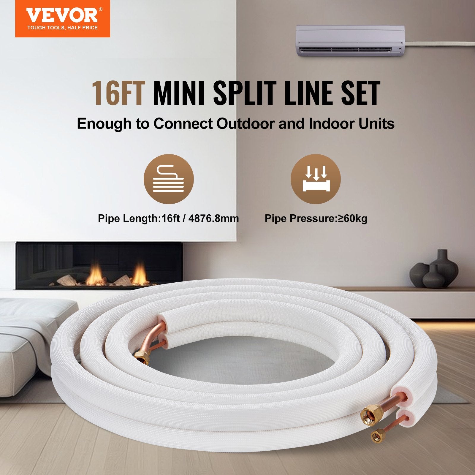 4876.8mm Mini Split Line Set, 6.4 & 12.7mm O.D Copper Pipes Tubing and Triple-Layer Insulation, for Air V952-KDLJGTJ14INCGQZOXV0