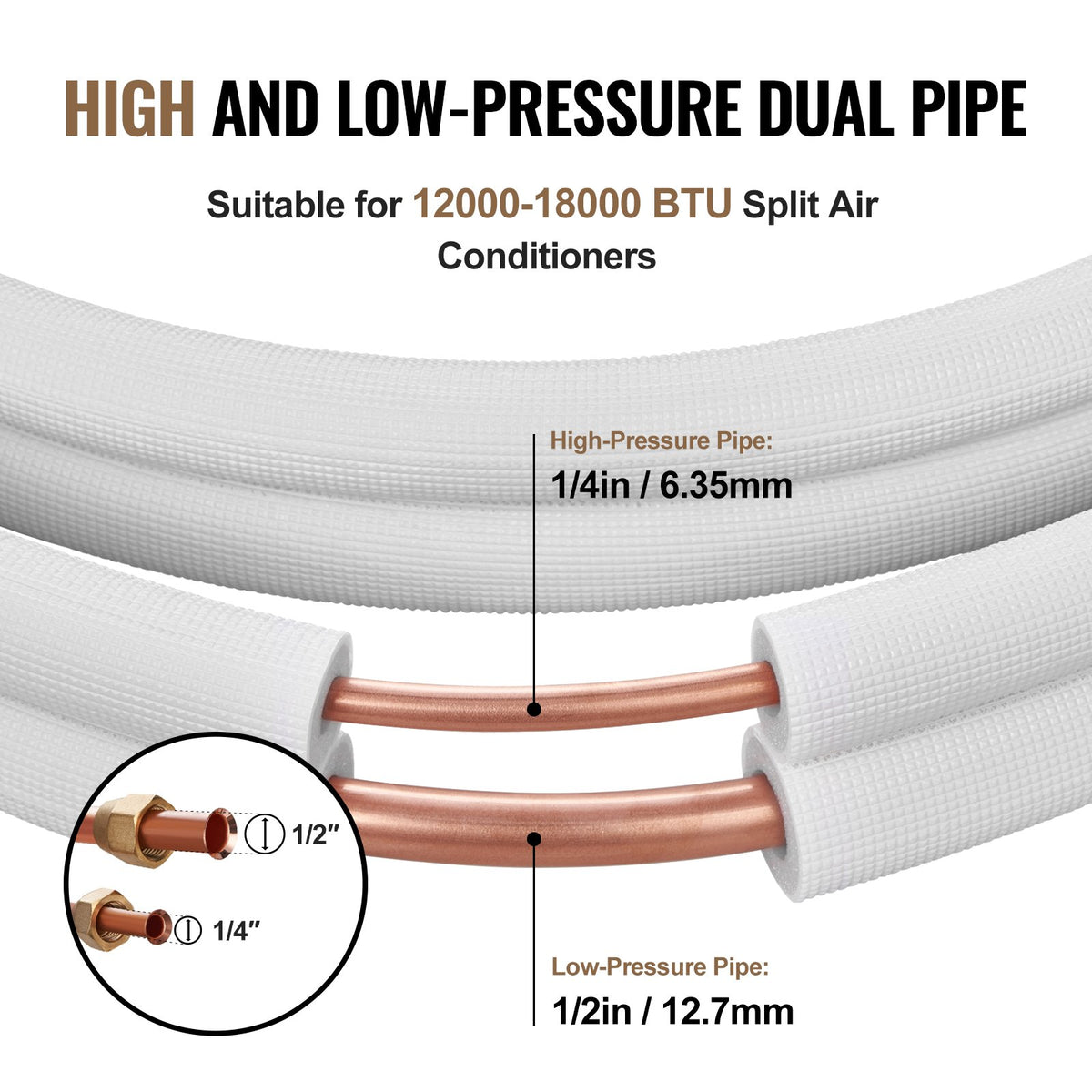 4876.8mm Mini Split Line Set, 6.4 & 12.7mm O.D Copper Pipes Tubing and Triple-Layer Insulation, for Air V952-KDLJGTJ14INCGQZOXV0