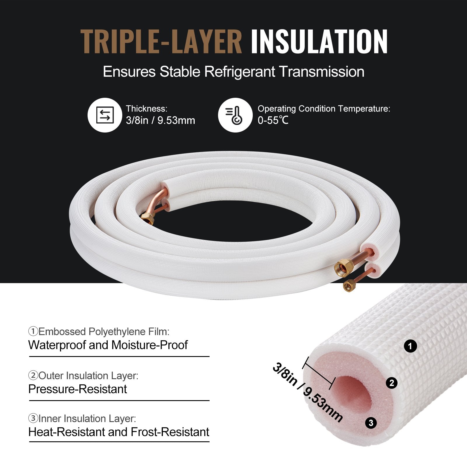 4876.8mm Mini Split Line Set, 6.4 & 12.7mm O.D Copper Pipes Tubing and Triple-Layer Insulation, for Air V952-KDLJGTJ14INCGQZOXV0
