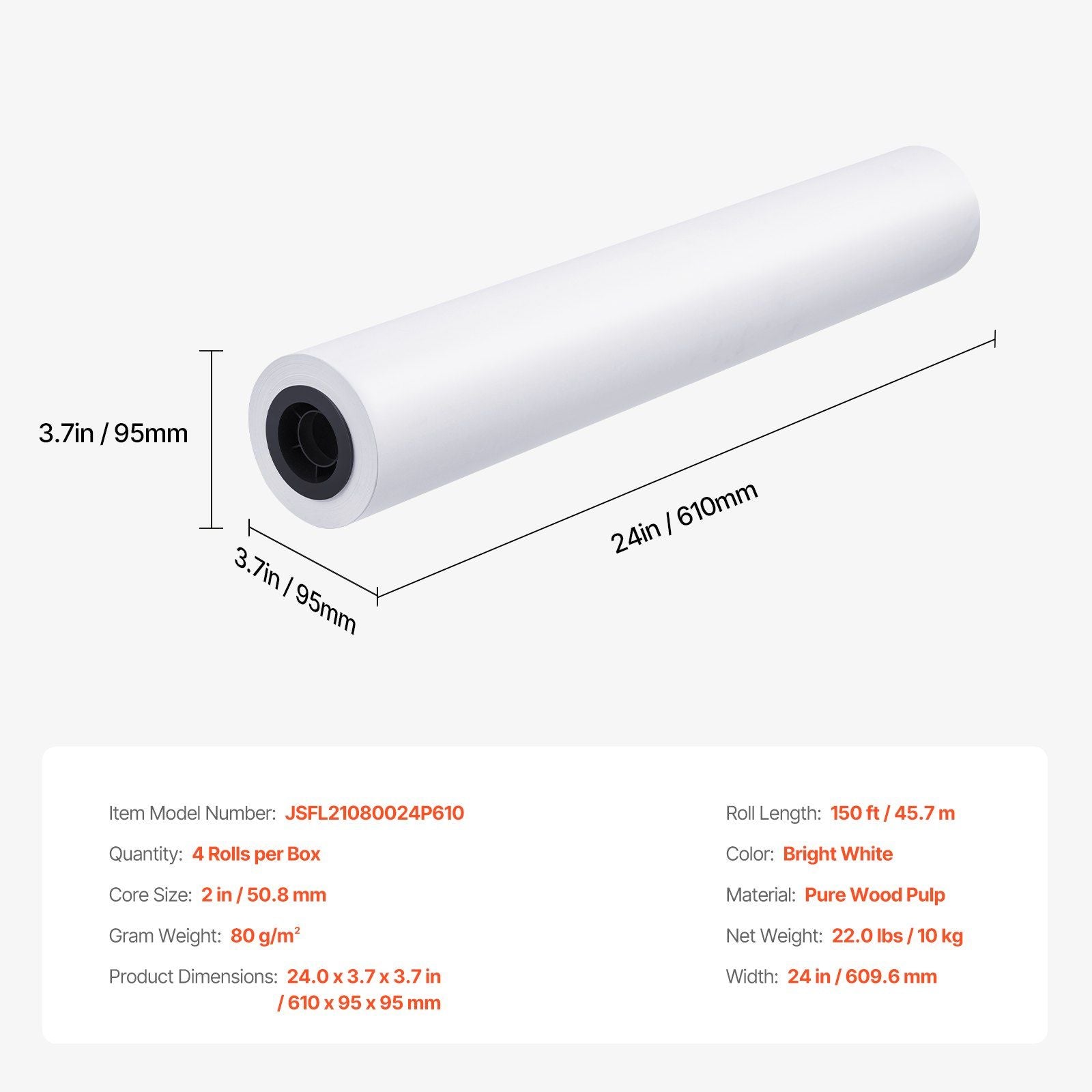 Wide Format Paper, 609.6 mm x 45.7 m Plotter Paper, 4 Rolls CAD Bond Rolls with 50.8 mm Core, 10 KG Plotter V952-KFDYZ2INCH243KB2WV0