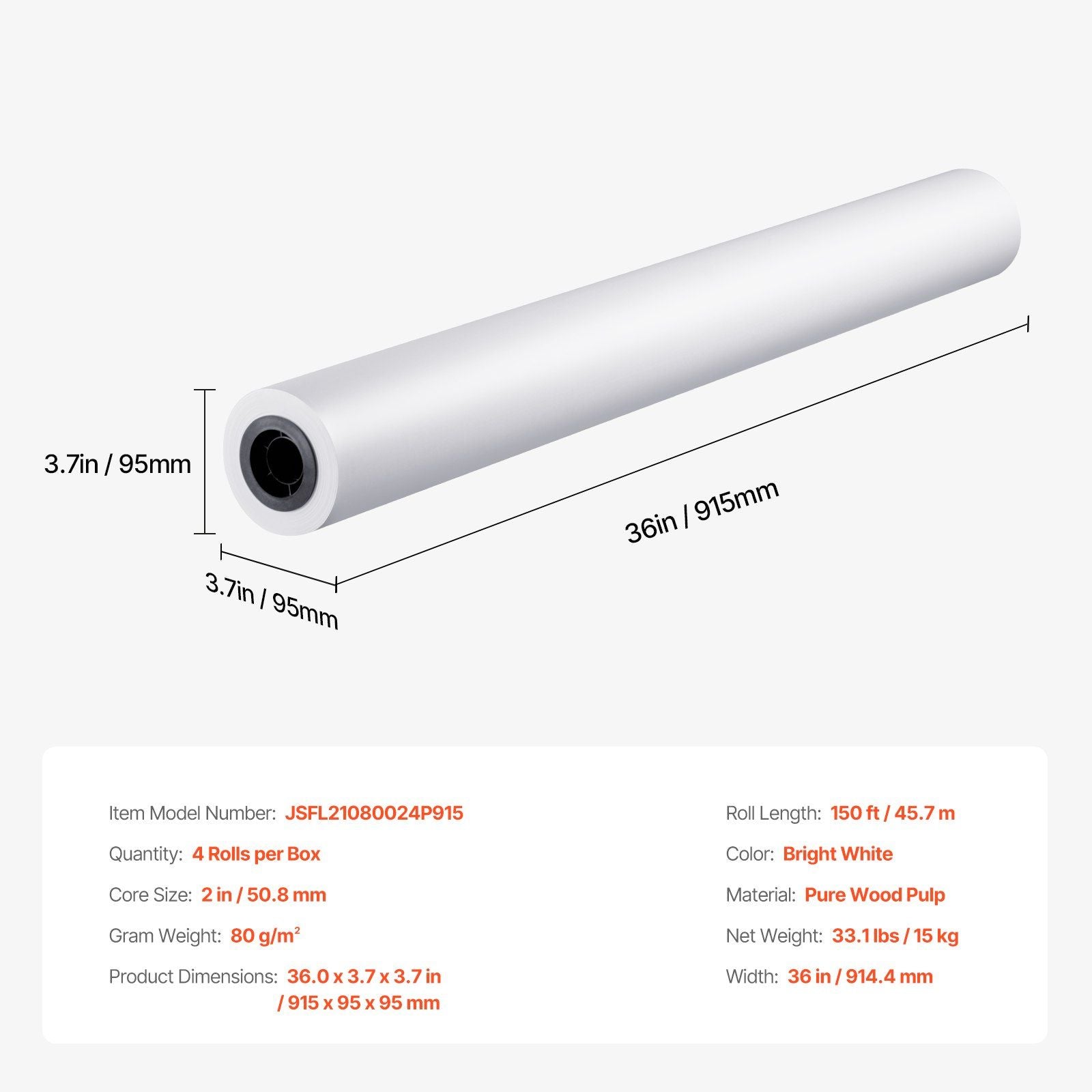 Wide Format Paper, 914.4 mm x 45.7 m Plotter Paper, 4 Rolls CAD Bond Rolls with 50.8 mm Core, 15 KG Plotter V952-KFDYZ2INCH364YY5FV0