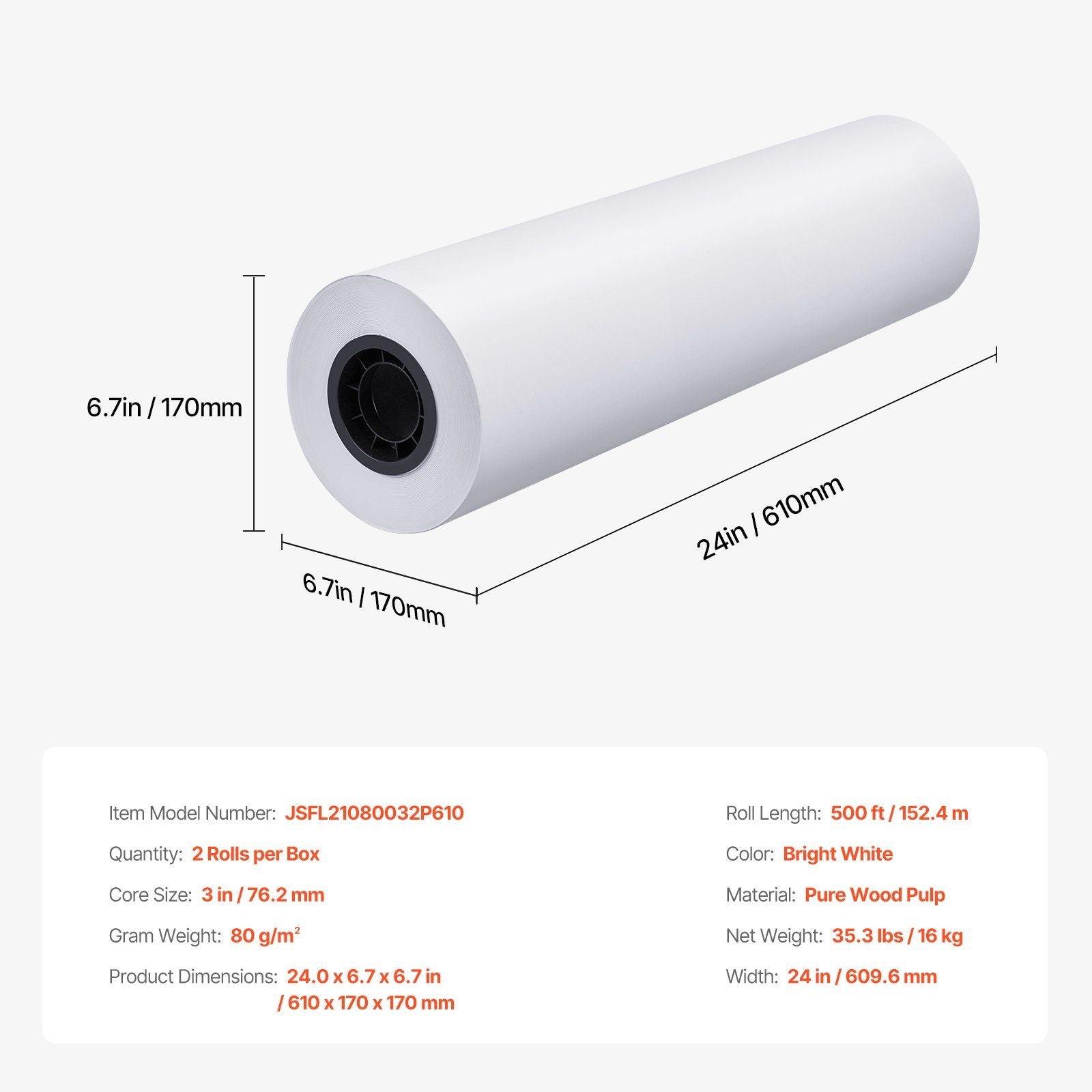 Wide Format Paper, 609.6 mm x 152.4 m Plotter Paper, 2 Rolls CAD Bond Rolls with 76.2 mm Core, 16 KG Plotter V952-KFDYZ3INCH24EICCFV0