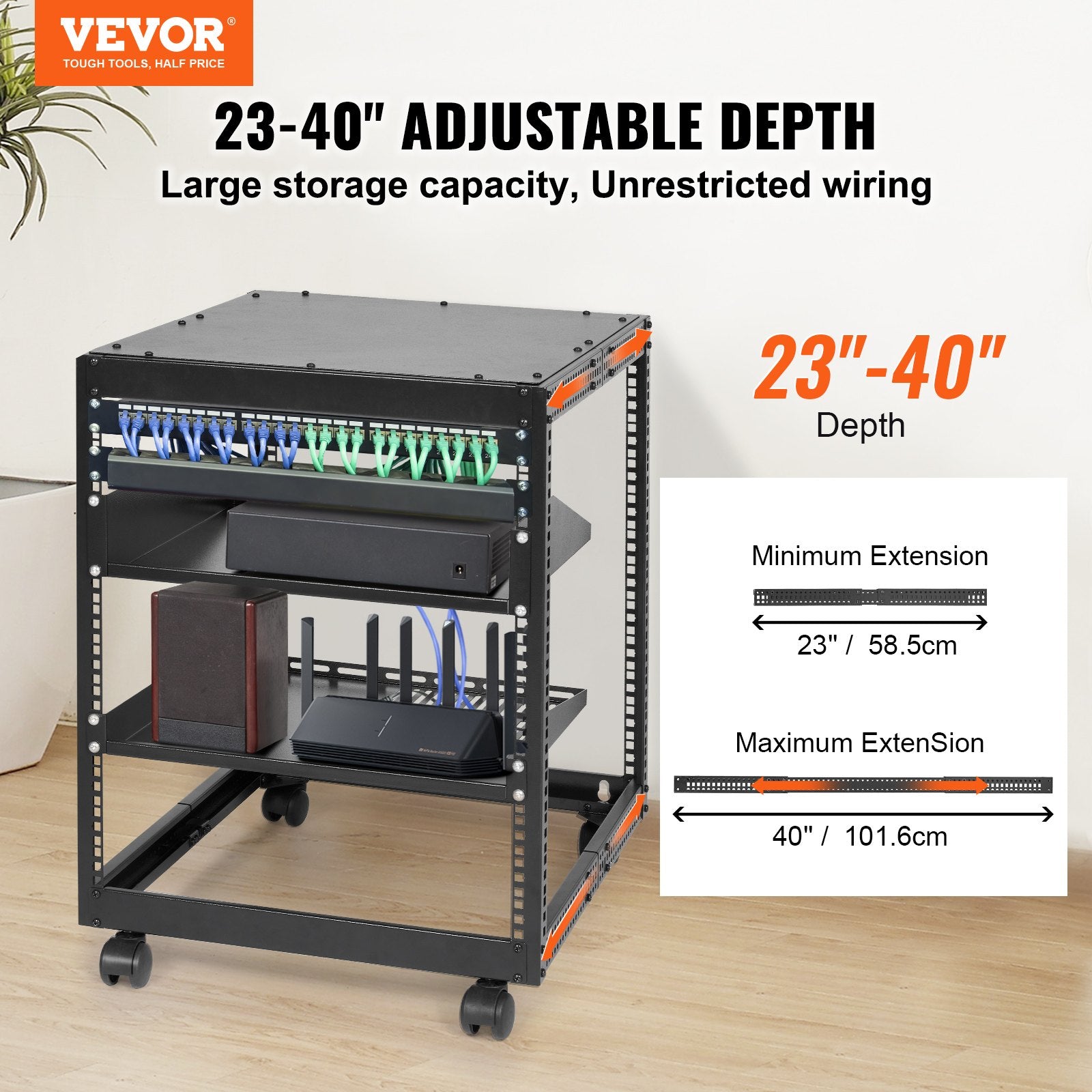 12U Open Frame Server Rack, 15''-40'' Adjustable Depth, Free Standing or Wall Mount Network Server Rack, 4 V952-KFSJJH12U2340SDYTV0