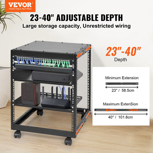12U Open Frame Server Rack, 15''-40'' Adjustable Depth, Free Standing or Wall Mount Network Server Rack, 4 V952-KFSJJH12U2340SDYTV0