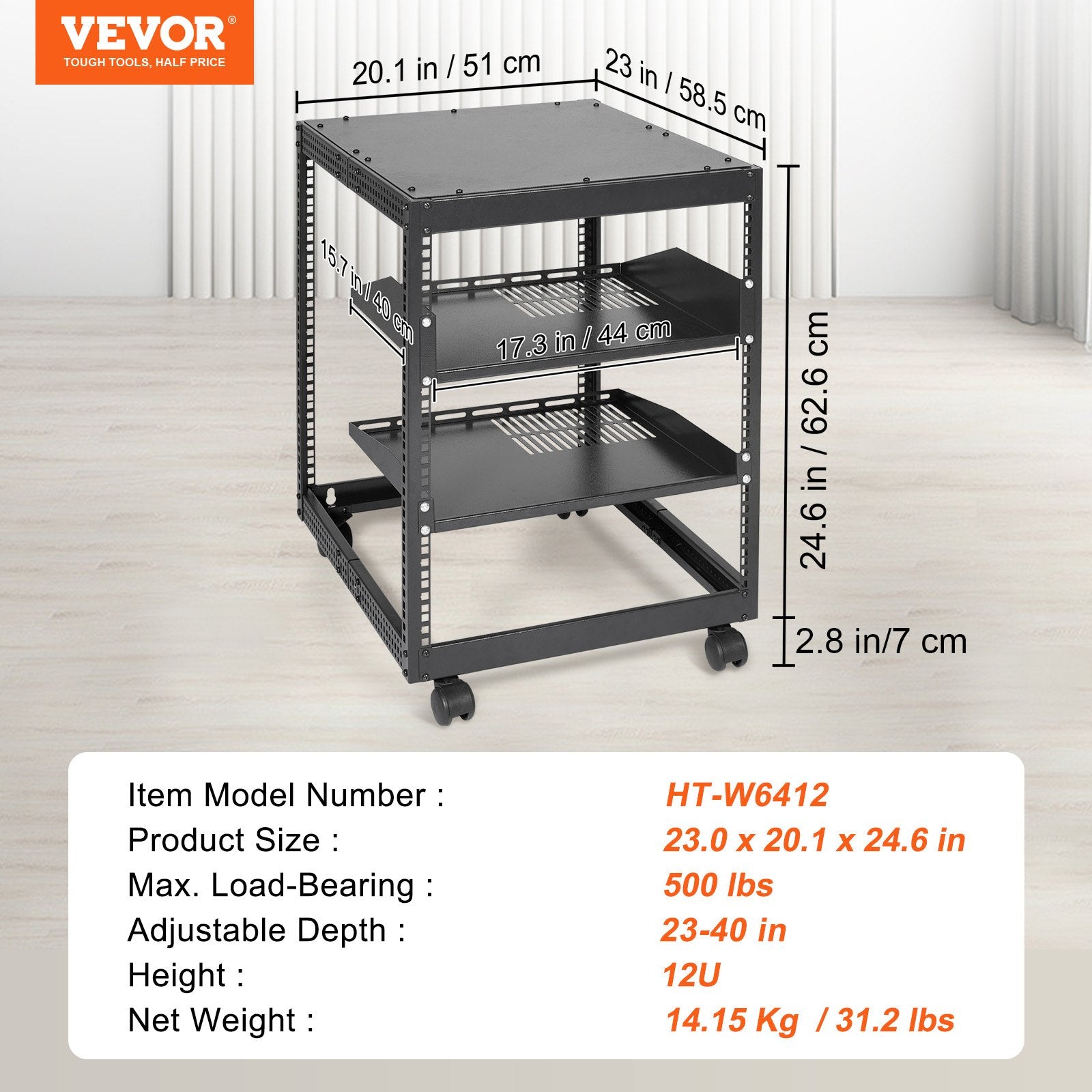 12U Open Frame Server Rack, 15''-40'' Adjustable Depth, Free Standing or Wall Mount Network Server Rack, 4 V952-KFSJJH12U2340SDYTV0