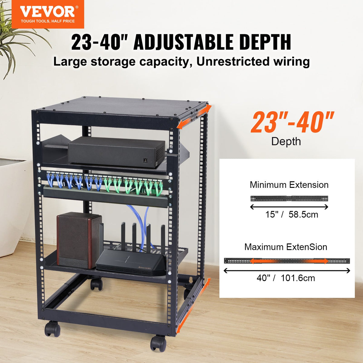15U Open Frame Server Rack, 23-40 in Adjustable Depth, Free Standing or Wall Mount Network Server Rack, 4 V952-KFSJJH15U2340IWPXV0