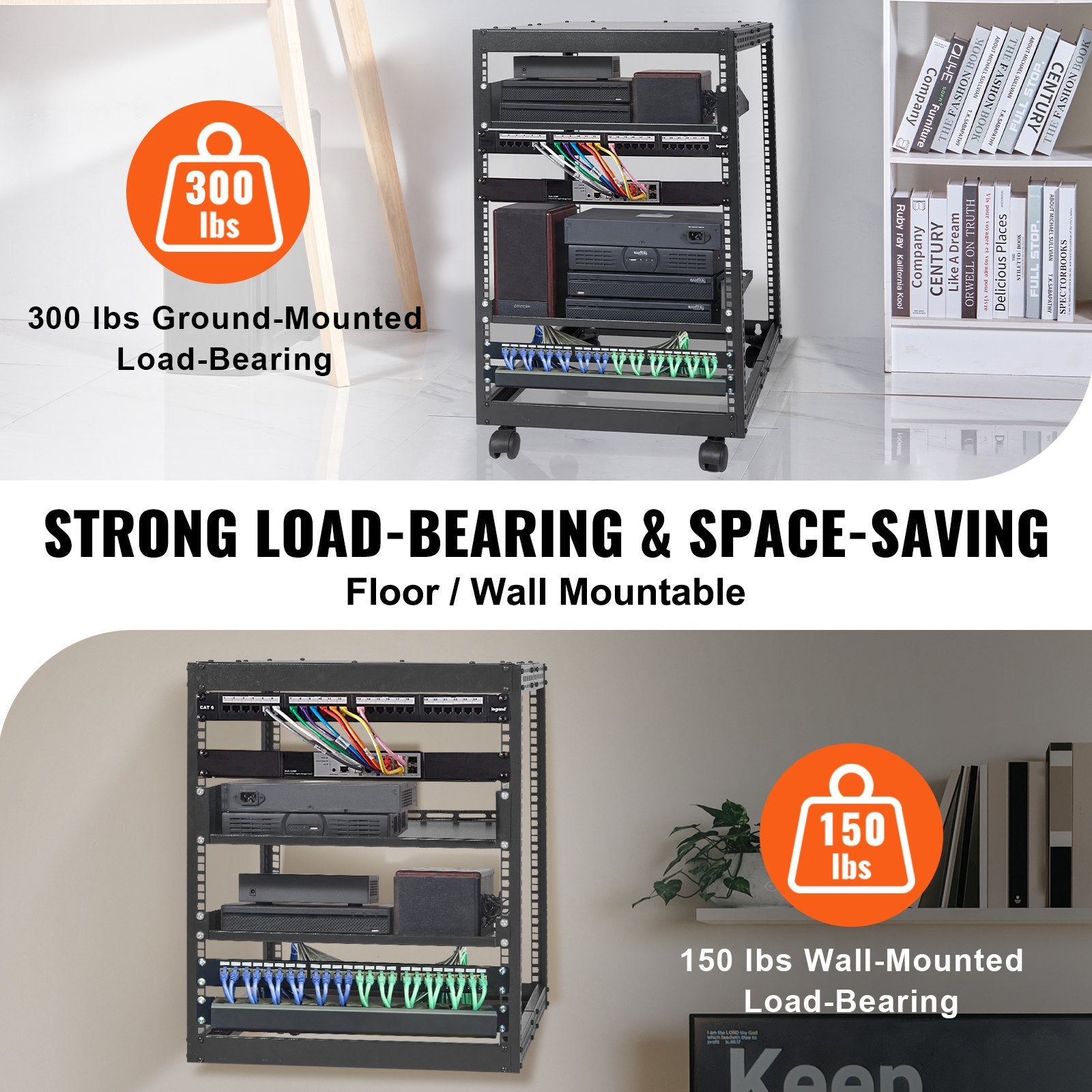15U Open Frame Server Rack, 23-40 in Adjustable Depth, Free Standing or Wall Mount Network Server Rack, 4 V952-KFSJJH15U2340IWPXV0