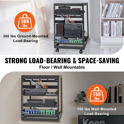 15U Open Frame Server Rack, 23-40 in Adjustable Depth, Free Standing or Wall Mount Network Server Rack, 4 V952-KFSJJH15U2340IWPXV0