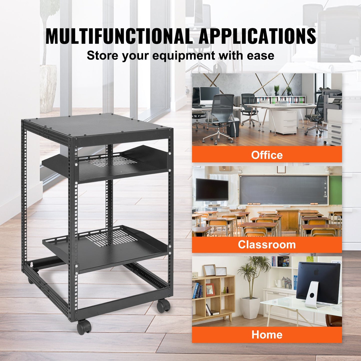 15U Open Frame Server Rack, 23-40 in Adjustable Depth, Free Standing or Wall Mount Network Server Rack, 4 V952-KFSJJH15U2340IWPXV0