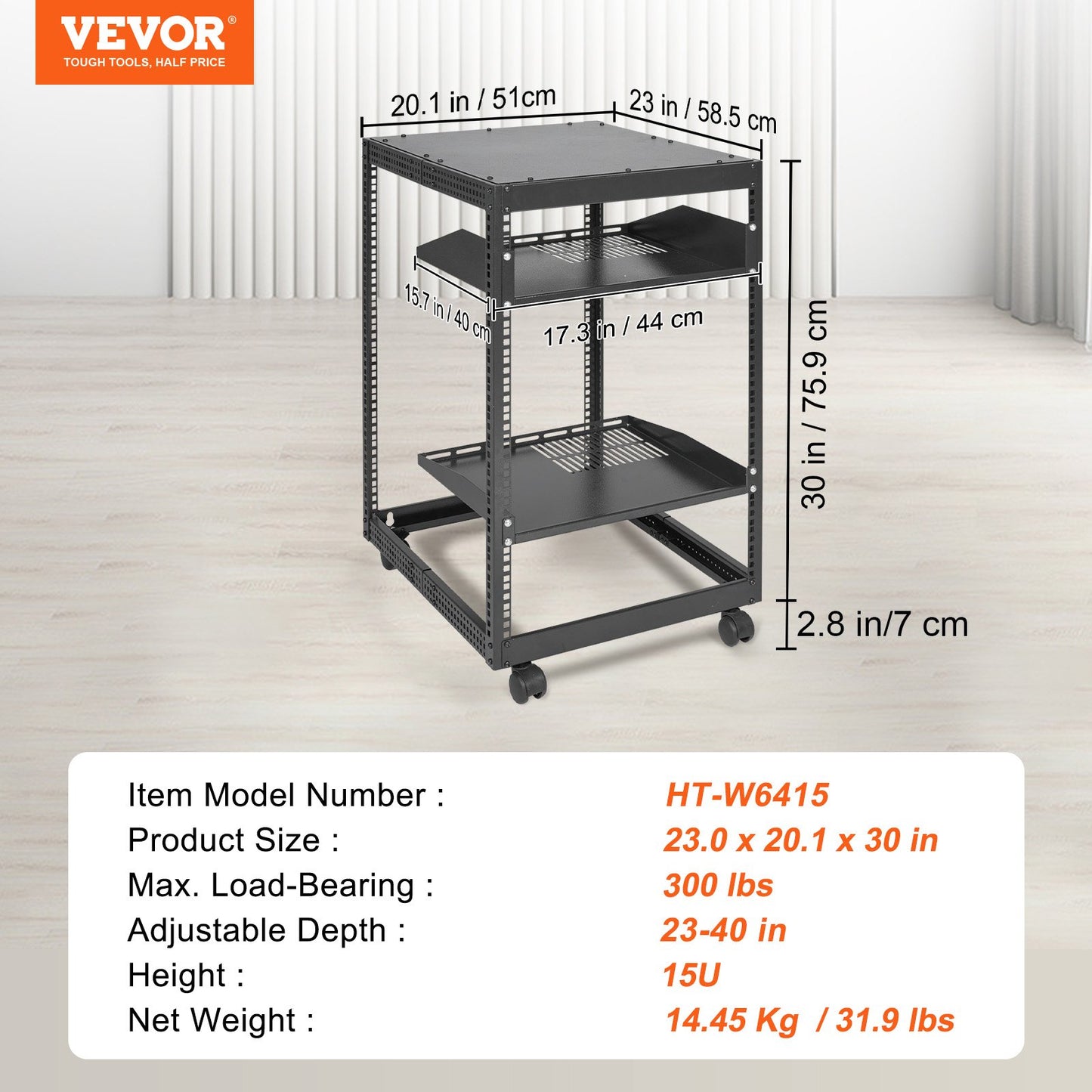 15U Open Frame Server Rack, 23-40 in Adjustable Depth, Free Standing or Wall Mount Network Server Rack, 4 V952-KFSJJH15U2340IWPXV0