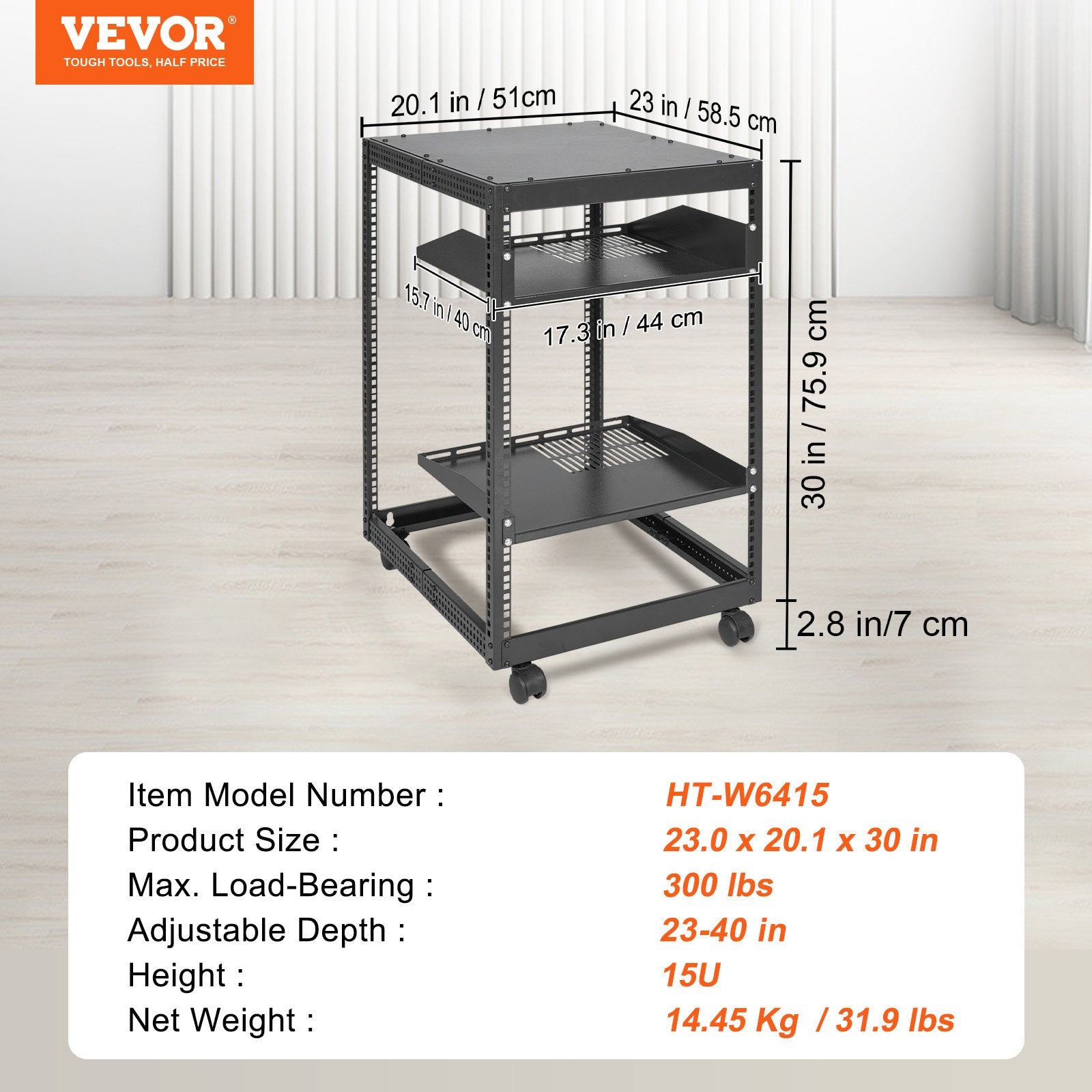 15U Open Frame Server Rack, 23-40 in Adjustable Depth, Free Standing or Wall Mount Network Server Rack, 4 V952-KFSJJH15U2340IWPXV0