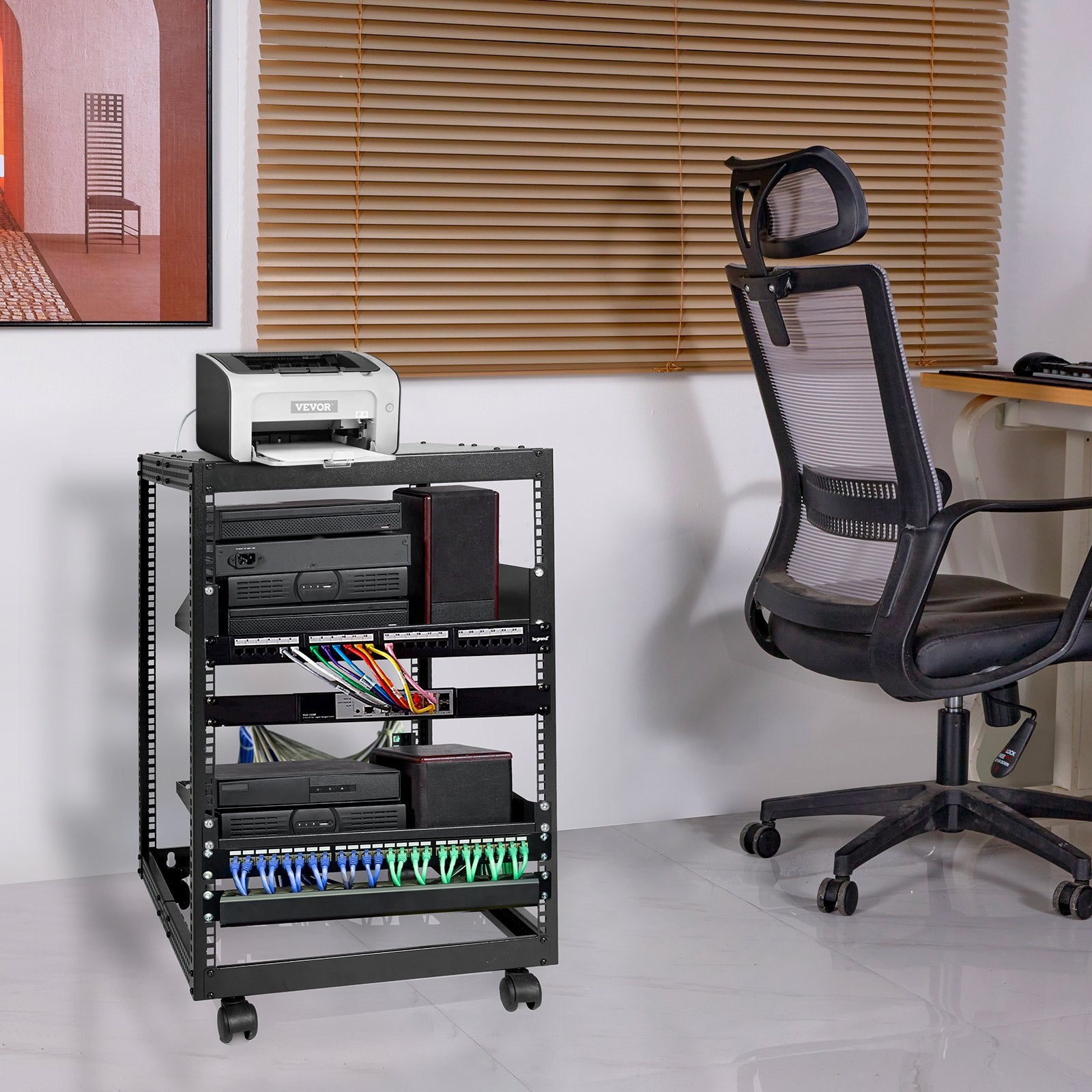 15U Open Frame Server Rack, 23-40 in Adjustable Depth, Free Standing or Wall Mount Network Server Rack, 4 V952-KFSJJH15U2340IWPXV0