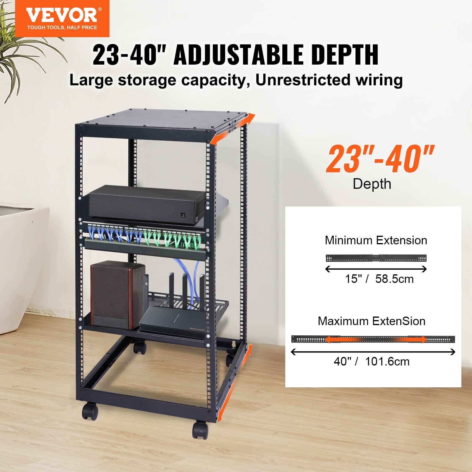 20U Open Frame Server Rack, 15''-40'' Adjustable Depth, Free Standing or Wall Mount Network Server Rack, 4 V952-KFSJJH20U2340PHVWV0