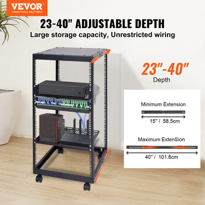 20U Open Frame Server Rack, 15''-40'' Adjustable Depth, Free Standing or Wall Mount Network Server Rack, 4 V952-KFSJJH20U2340PHVWV0
