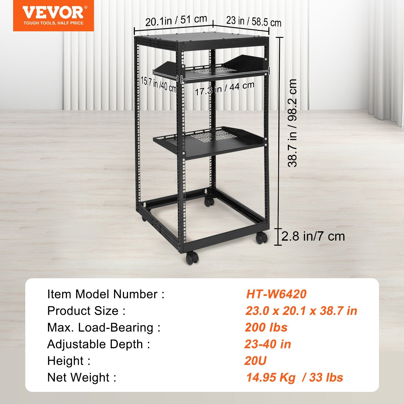 20U Open Frame Server Rack, 15''-40'' Adjustable Depth, Free Standing or Wall Mount Network Server Rack, 4 V952-KFSJJH20U2340PHVWV0