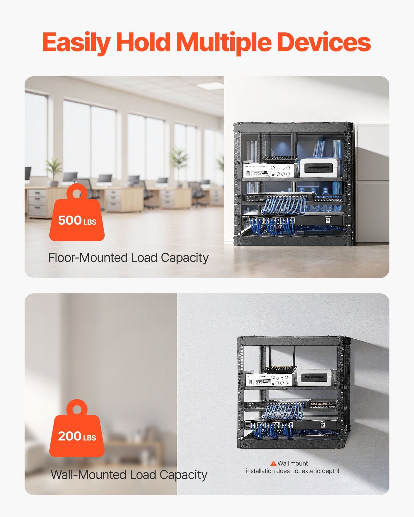 10U Open Frame Network Rack, 585 mm Depth, Wall Mounted or Floor Standing Server Rack, Heavy Duty 4 Post, V952-KFSJJHS10UW2AL07C001V0