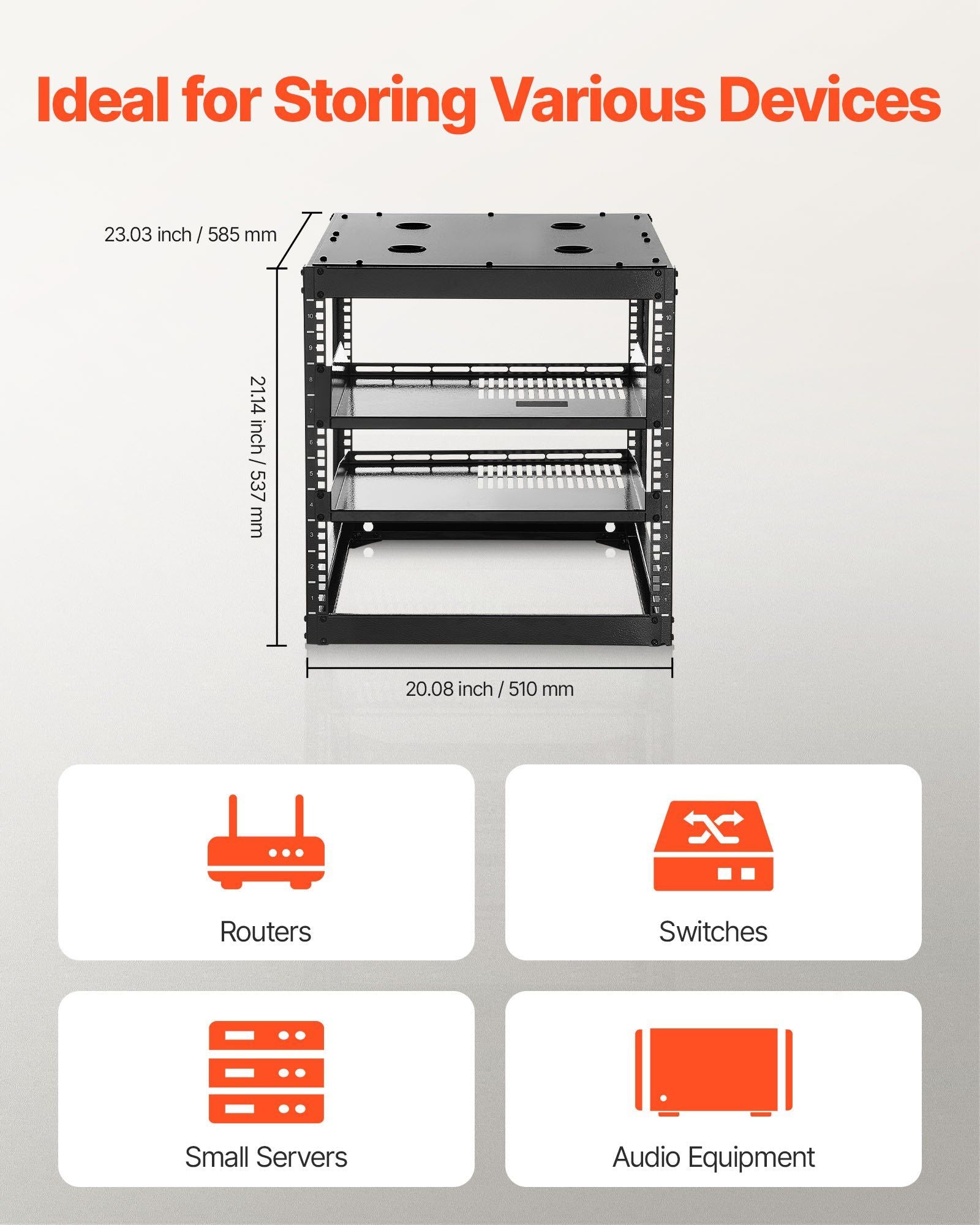10U Open Frame Network Rack, 585 mm Depth, Wall Mounted or Floor Standing Server Rack, Heavy Duty 4 Post, V952-KFSJJHS10UW2AL07C001V0