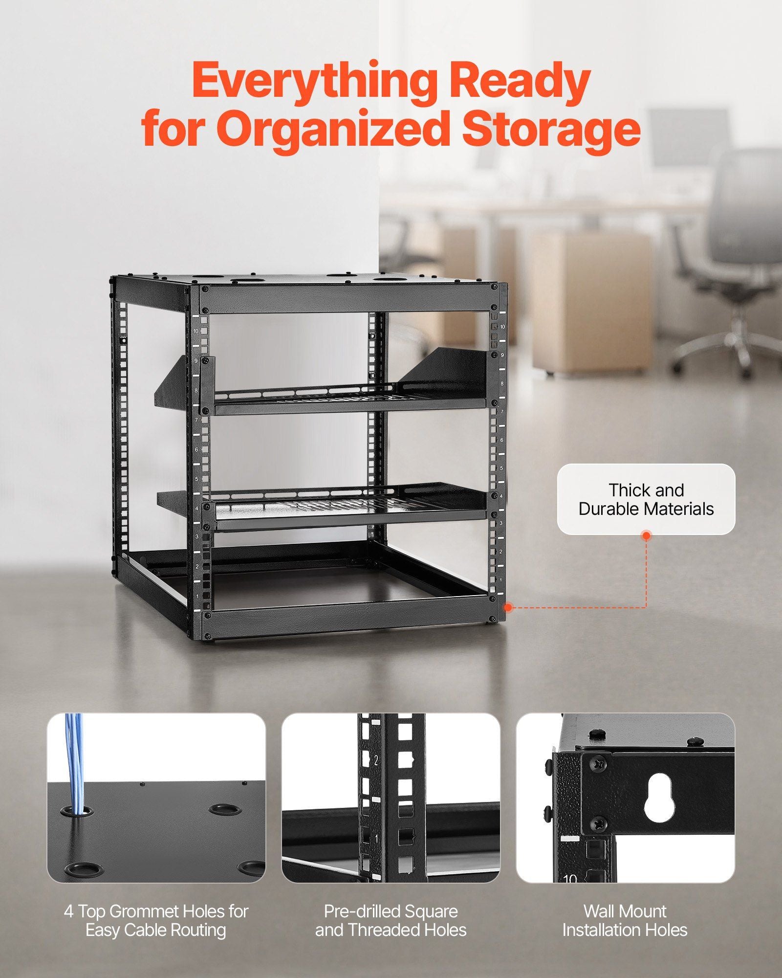 10U Open Frame Network Rack, 585 mm Depth, Wall Mounted or Floor Standing Server Rack, Heavy Duty 4 Post, V952-KFSJJHS10UW2AL07C001V0