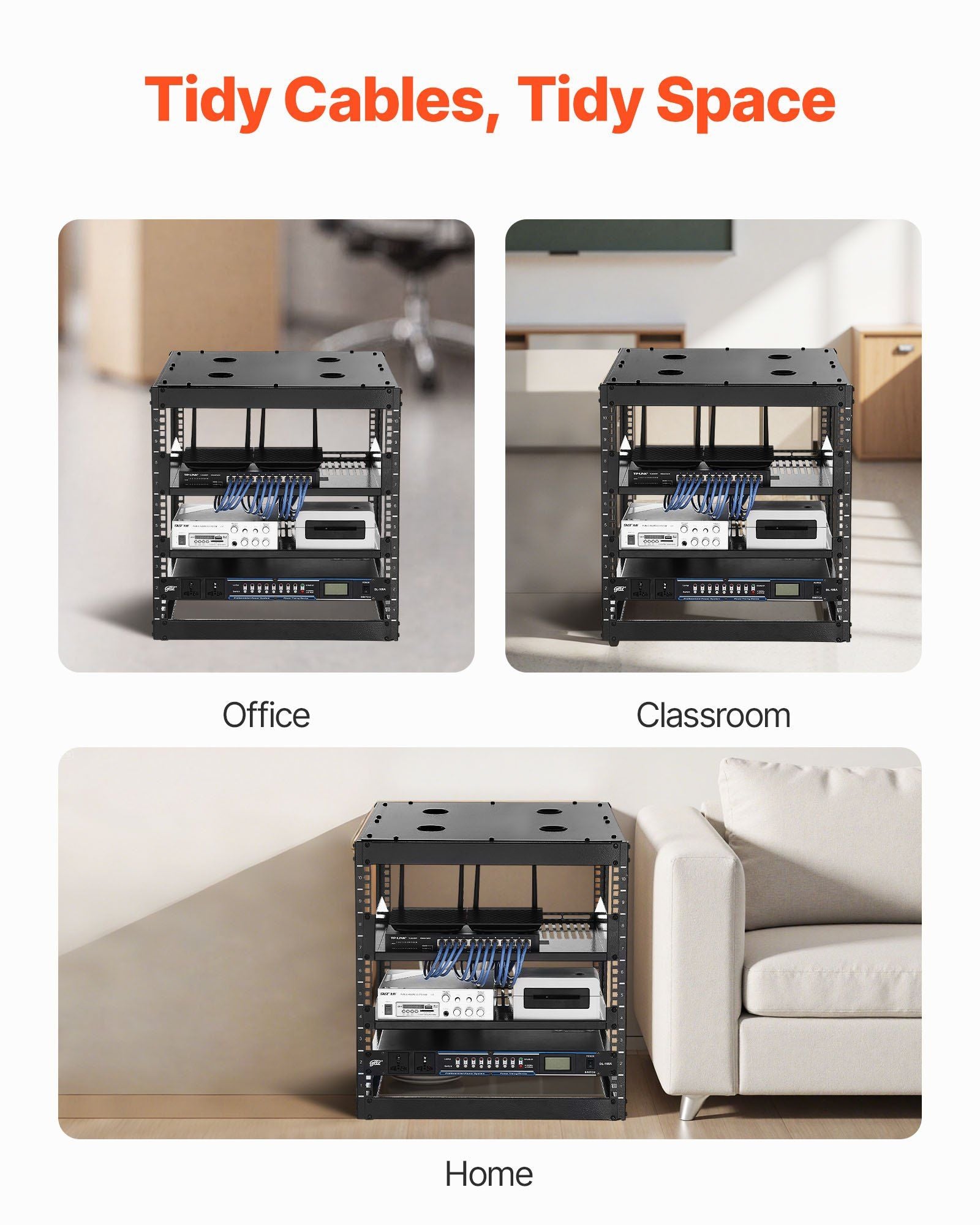 10U Open Frame Network Rack, 585 mm Depth, Wall Mounted or Floor Standing Server Rack, Heavy Duty 4 Post, V952-KFSJJHS10UW2AL07C001V0