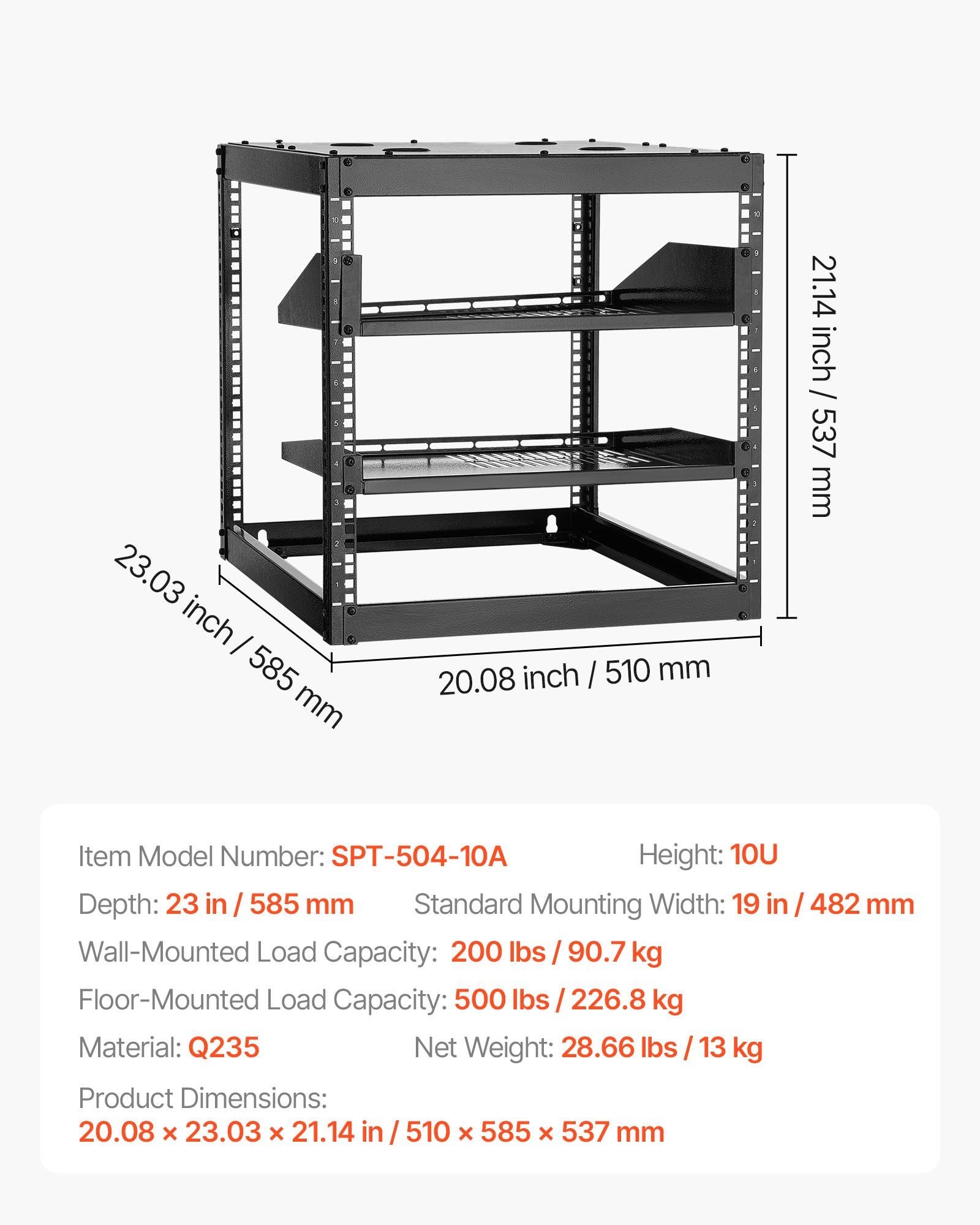 10U Open Frame Network Rack, 585 mm Depth, Wall Mounted or Floor Standing Server Rack, Heavy Duty 4 Post, V952-KFSJJHS10UW2AL07C001V0