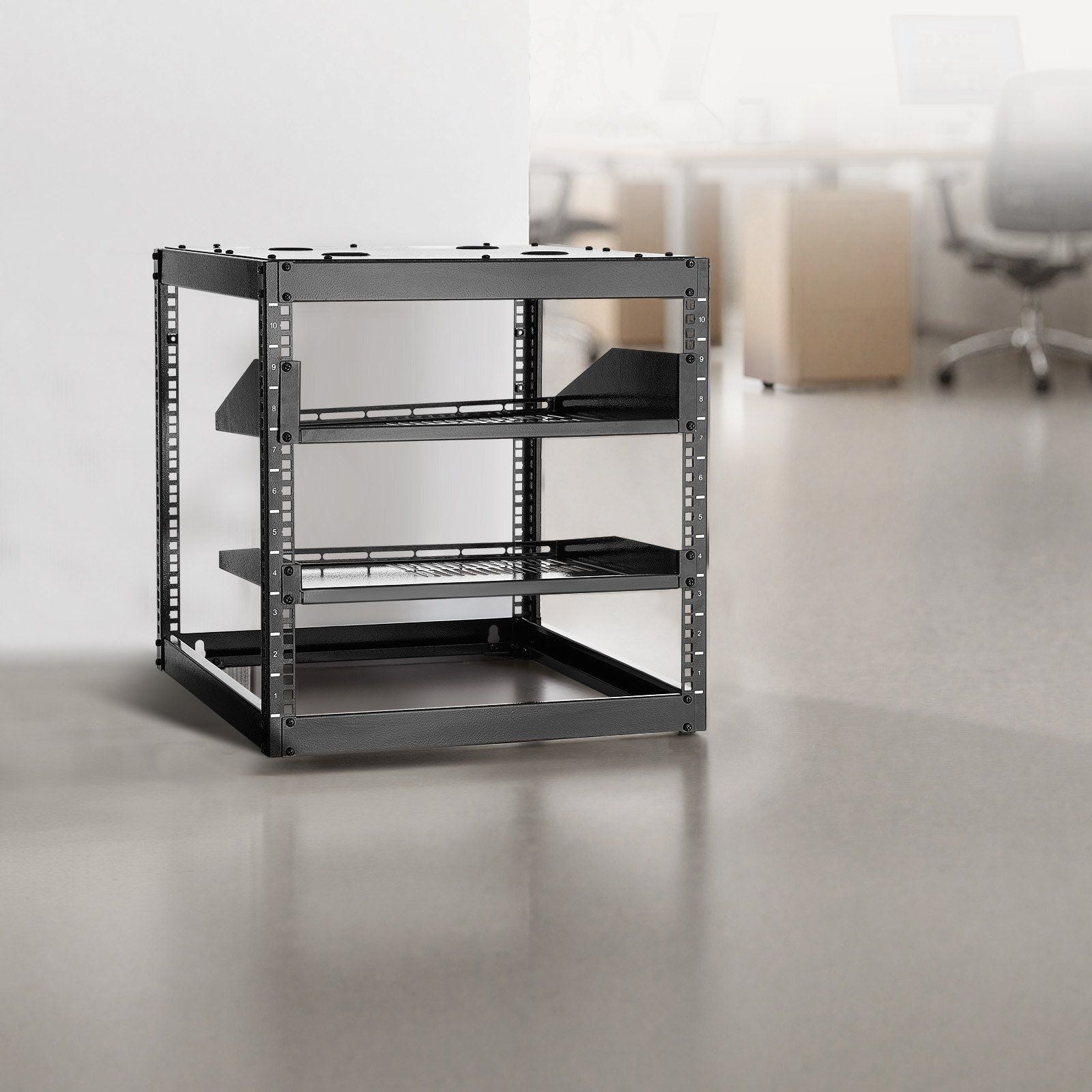 10U Open Frame Network Rack, 585 mm Depth, Wall Mounted or Floor Standing Server Rack, Heavy Duty 4 Post, V952-KFSJJHS10UW2AL07C001V0