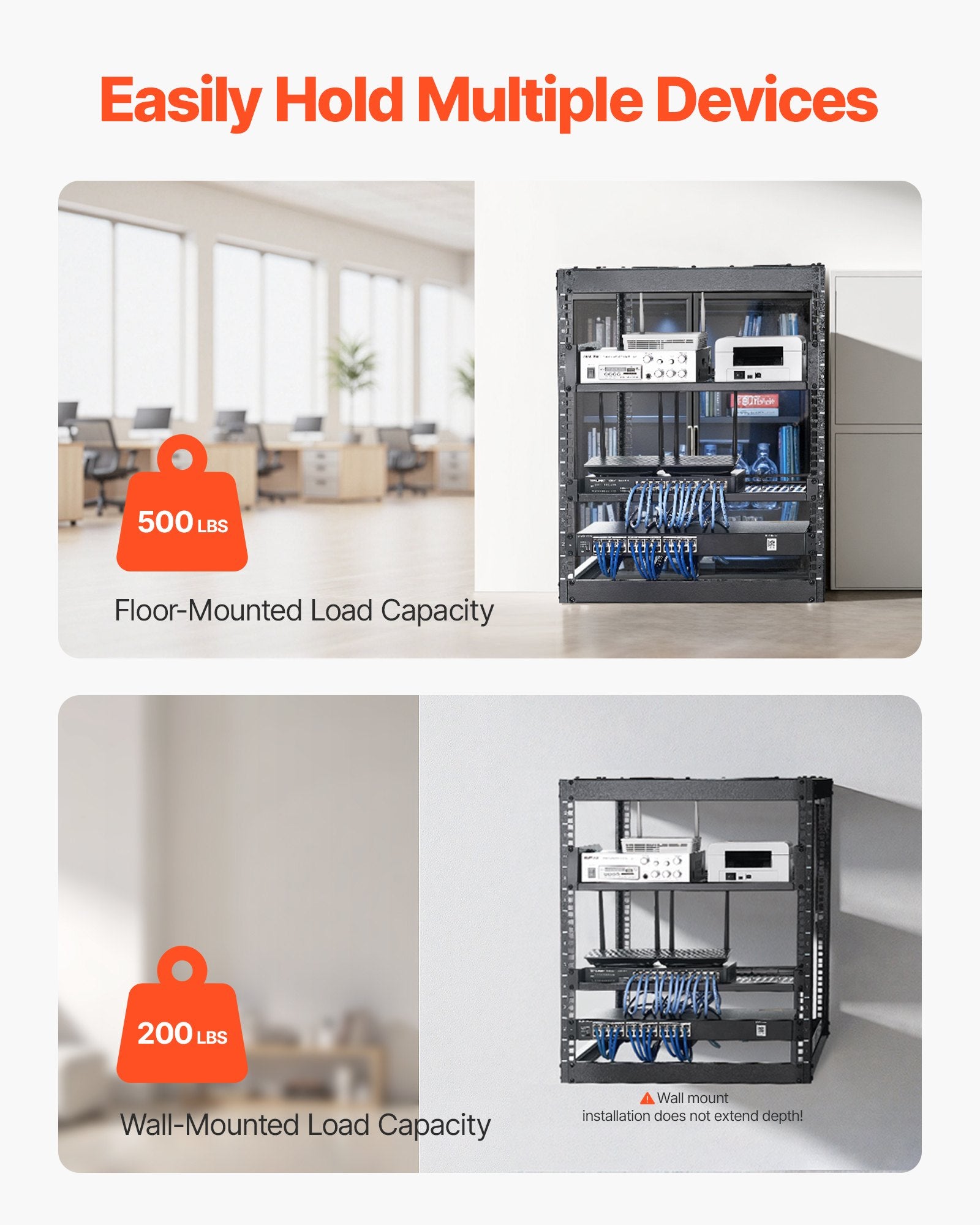 12U Open Frame Network Rack, 585 mm Depth, Wall Mounted or Floor Standing Server Rack, Heavy Duty 4 Post, V952-KFSJJHS12UW2JXGBZ001V0