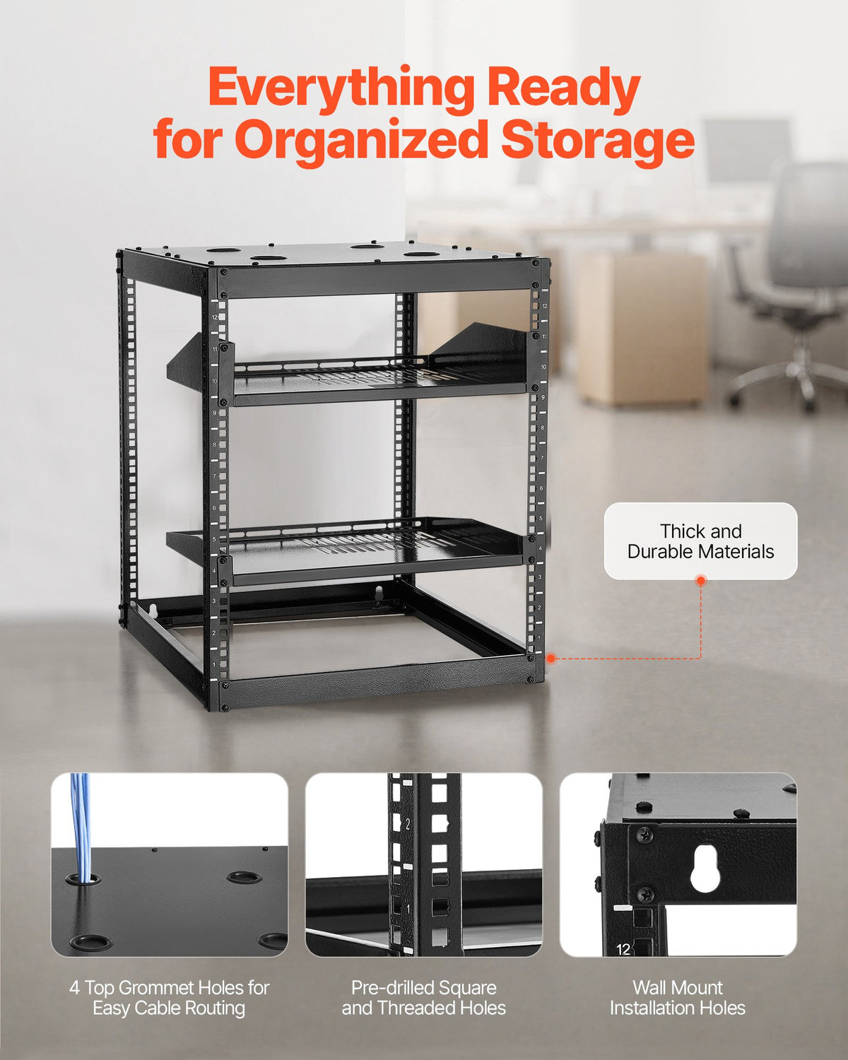12U Open Frame Network Rack, 585 mm Depth, Wall Mounted or Floor Standing Server Rack, Heavy Duty 4 Post, V952-KFSJJHS12UW2JXGBZ001V0