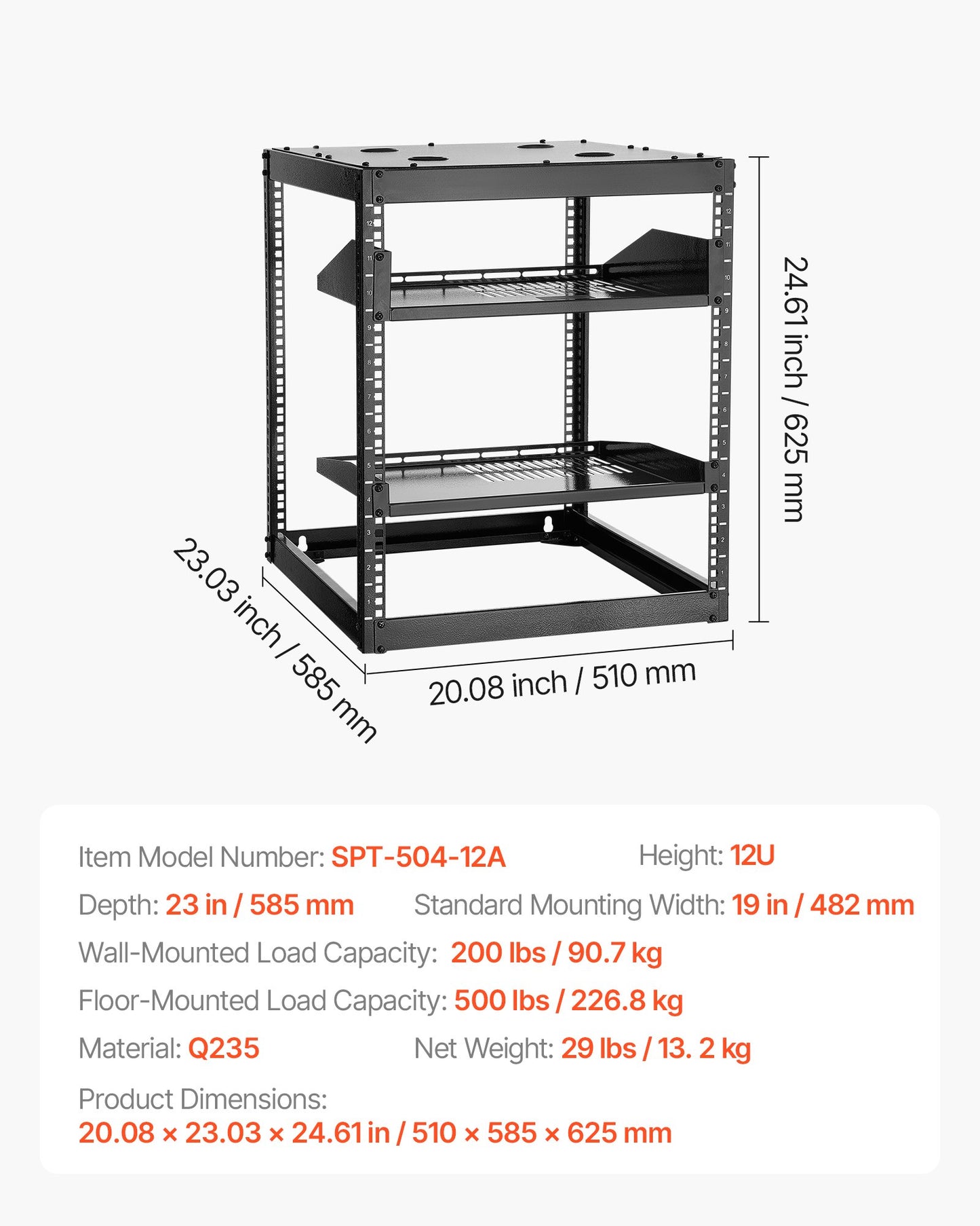12U Open Frame Network Rack, 585 mm Depth, Wall Mounted or Floor Standing Server Rack, Heavy Duty 4 Post, V952-KFSJJHS12UW2JXGBZ001V0