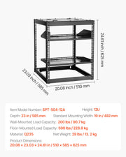 12U Open Frame Network Rack, 585 mm Depth, Wall Mounted or Floor Standing Server Rack, Heavy Duty 4 Post, V952-KFSJJHS12UW2JXGBZ001V0