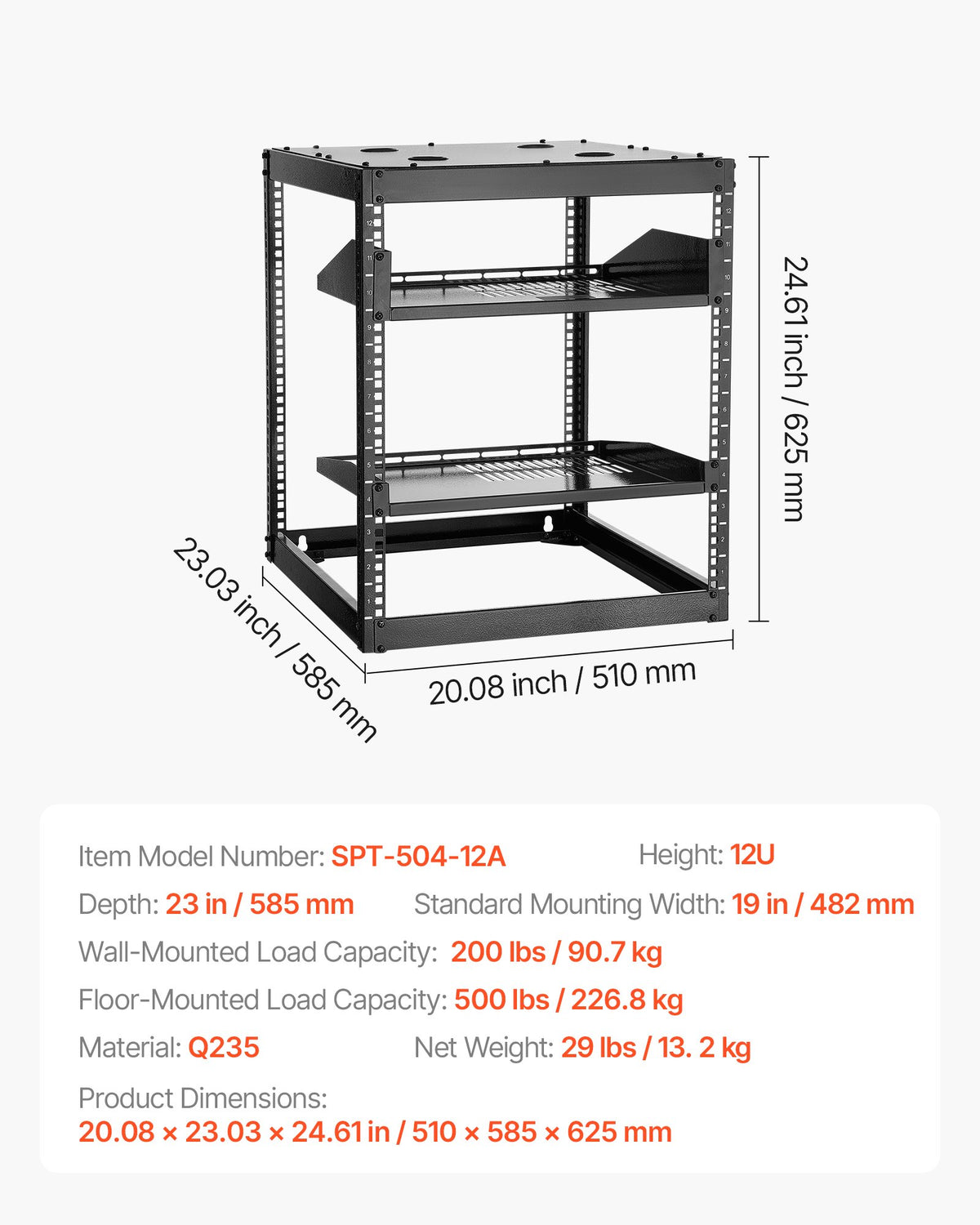 12U Open Frame Network Rack, 585 mm Depth, Wall Mounted or Floor Standing Server Rack, Heavy Duty 4 Post, V952-KFSJJHS12UW2JXGBZ001V0