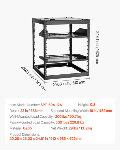 12U Open Frame Network Rack, 585 mm Depth, Wall Mounted or Floor Standing Server Rack, Heavy Duty 4 Post, V952-KFSJJHS12UW2JXGBZ001V0