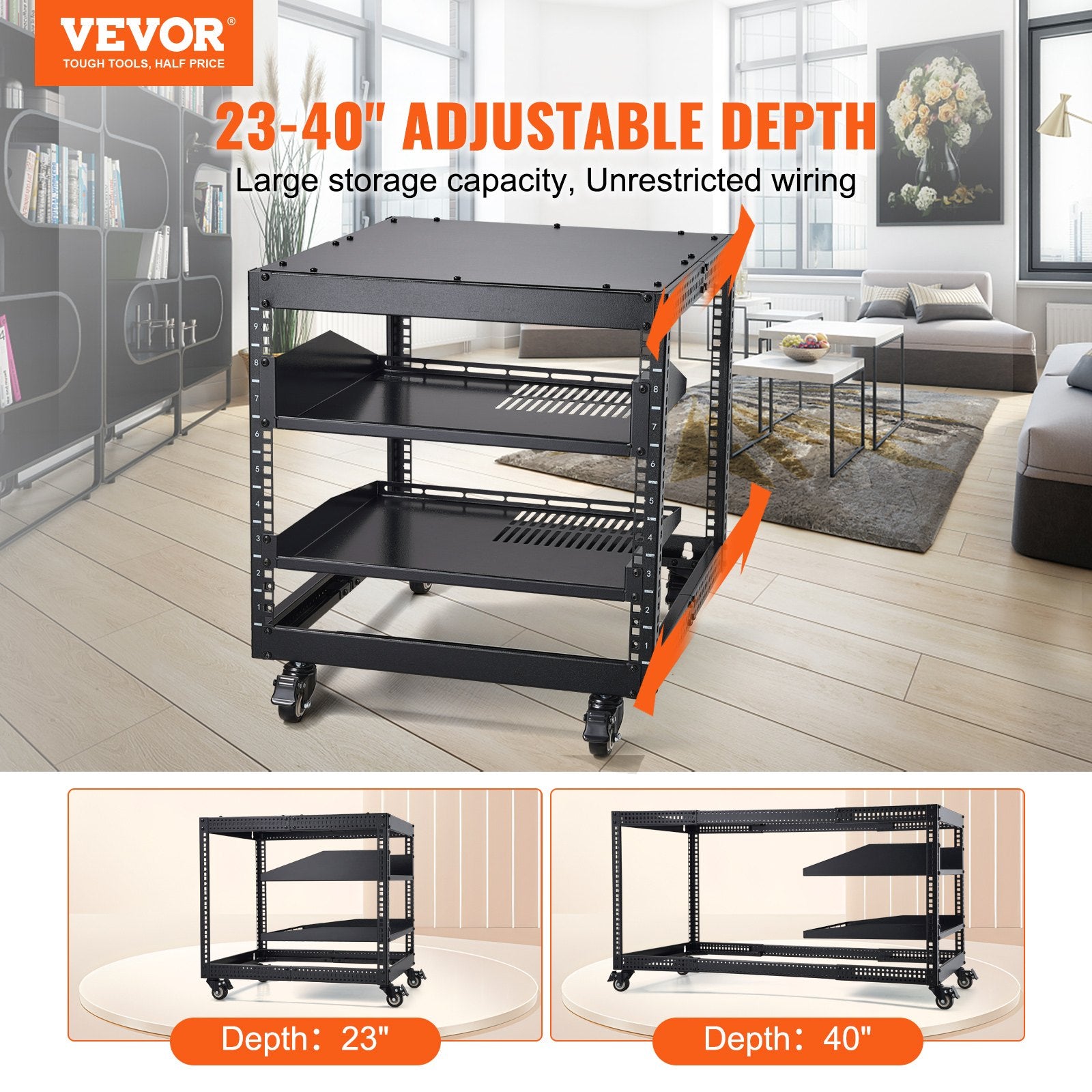 9U Open Frame Server Rack, 584.2 to 1016 mm Adjustable Depth, Free Standing or Wall Mount Network Server Rack V952-KFSJJHS9UJL25B27FV0