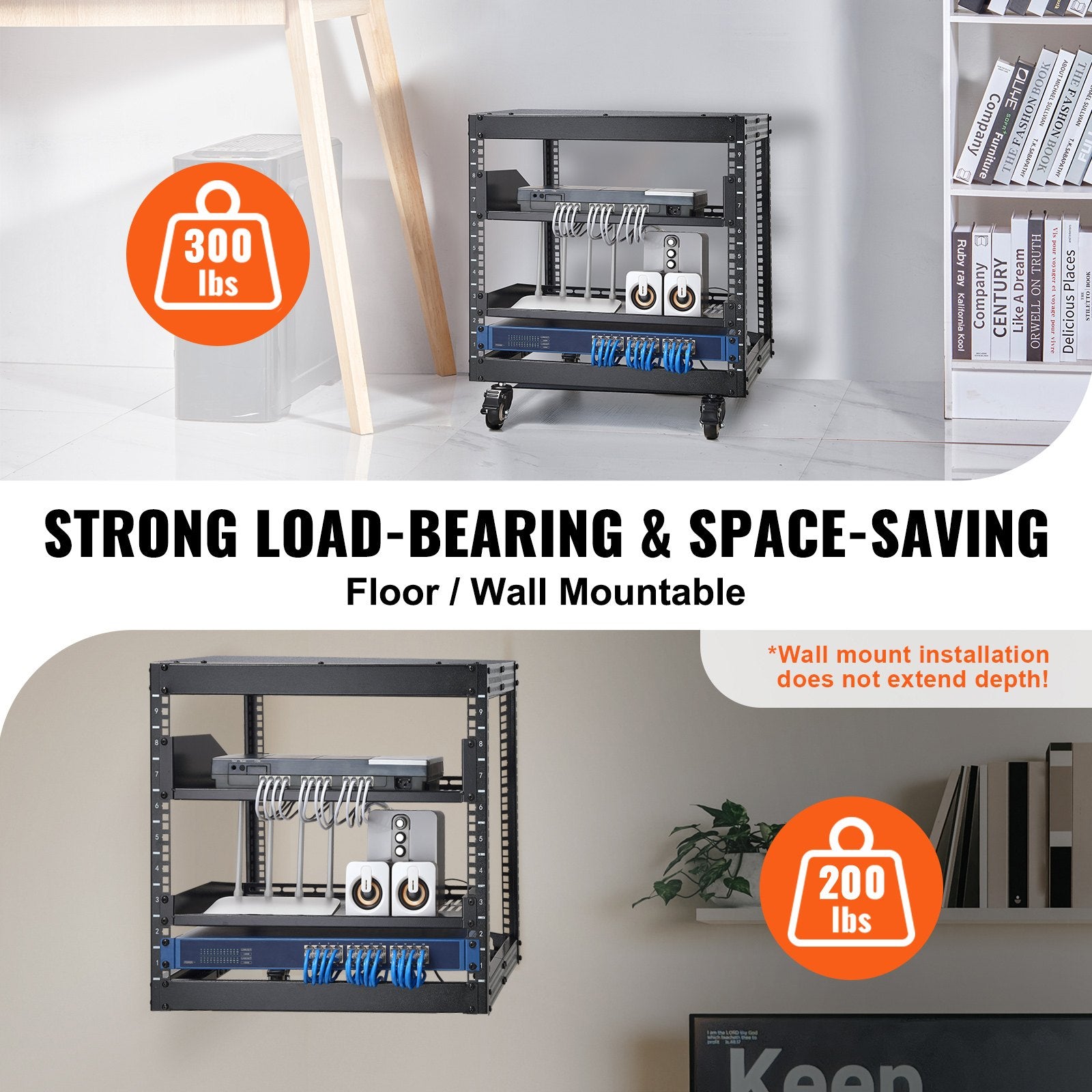 9U Open Frame Server Rack, 584.2 to 1016 mm Adjustable Depth, Free Standing or Wall Mount Network Server Rack V952-KFSJJHS9UJL25B27FV0