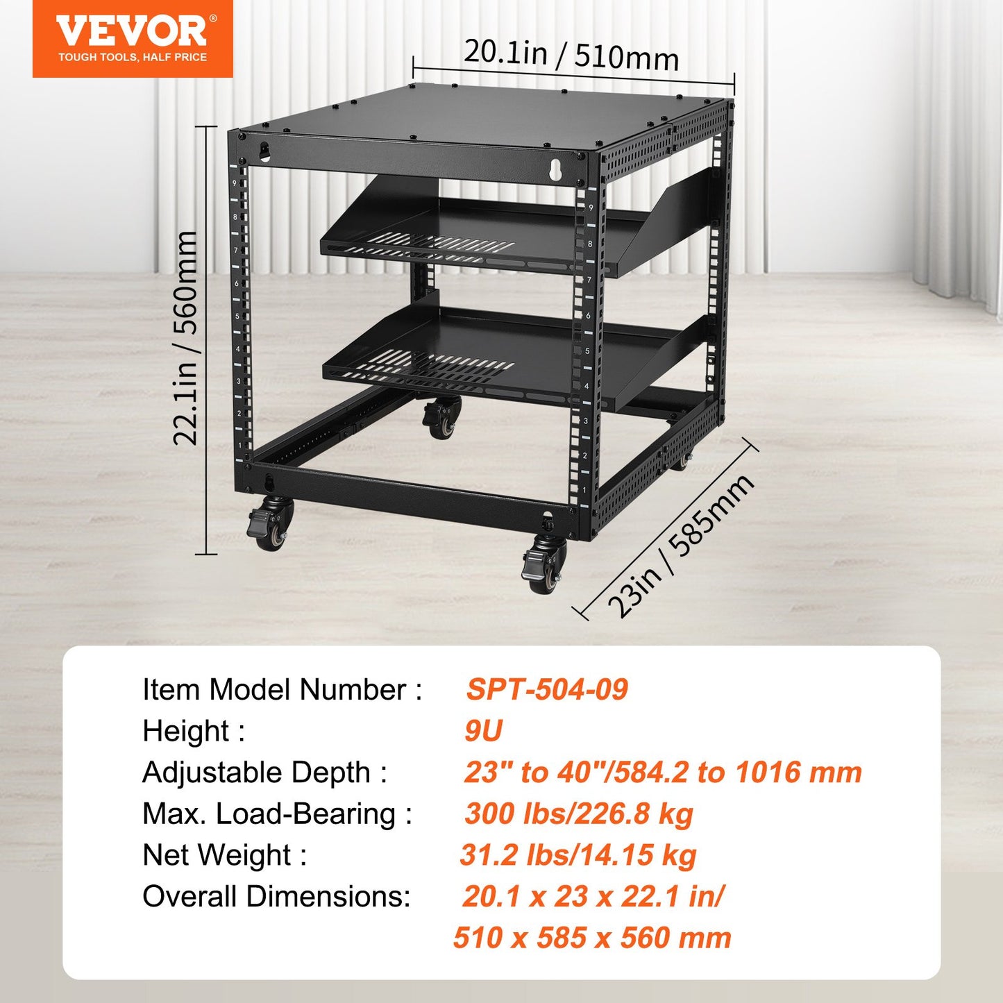 9U Open Frame Server Rack, 584.2 to 1016 mm Adjustable Depth, Free Standing or Wall Mount Network Server Rack V952-KFSJJHS9UJL25B27FV0