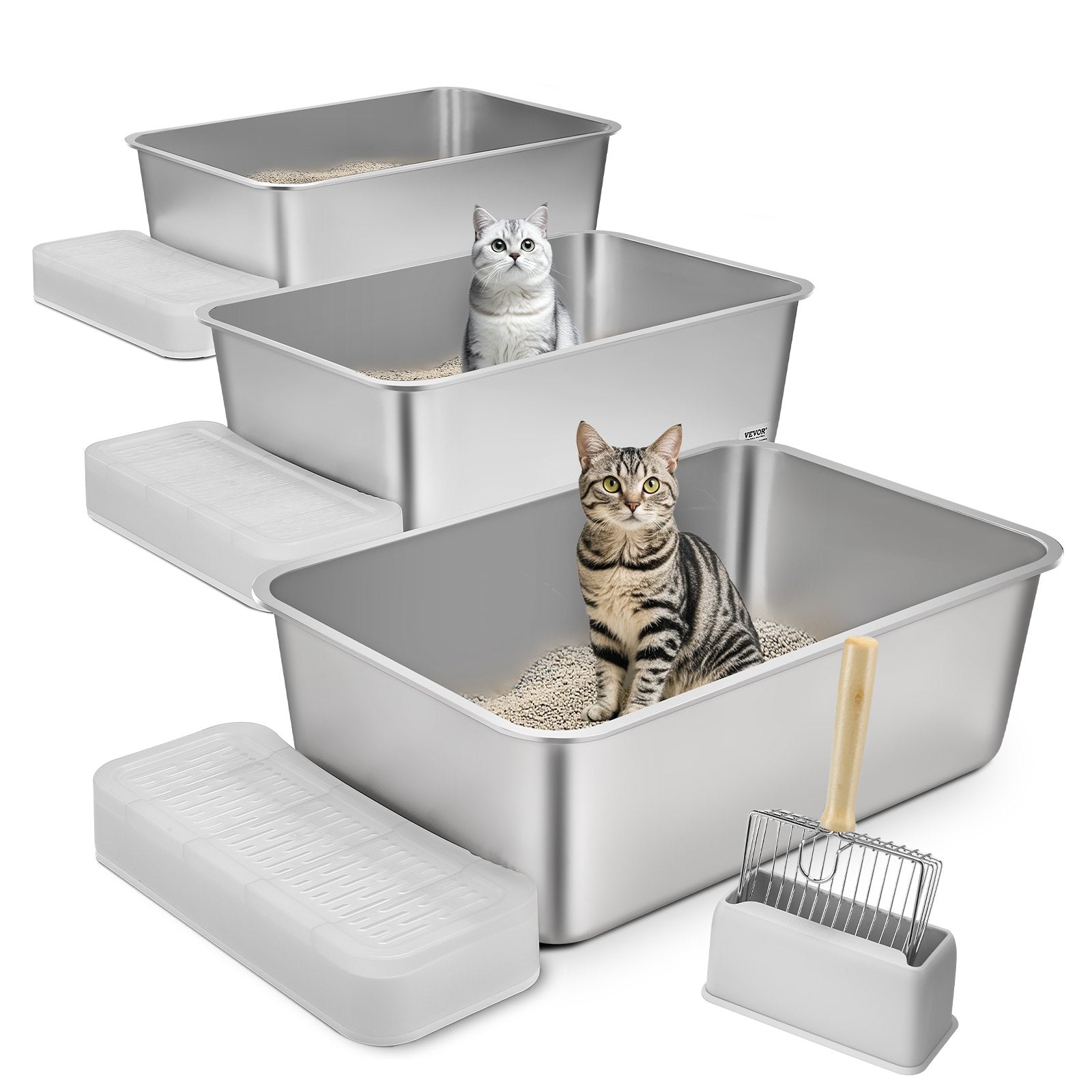 Cat Litter Box, 203 mm Deep, XL Extra Large Stainless Steel Cat Litter Box with Scoop, Wide Filtering Foot V952-KFSMSPCBXG3JORQ03V0