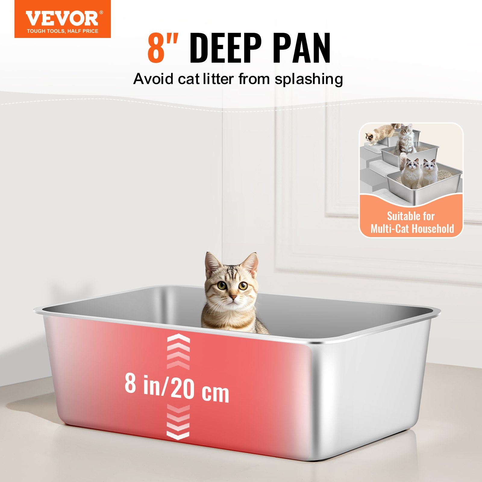 Cat Litter Box, 203 mm Deep, XL Extra Large Stainless Steel Cat Litter Box with Scoop, Wide Filtering Foot V952-KFSMSPCBXG3JORQ03V0