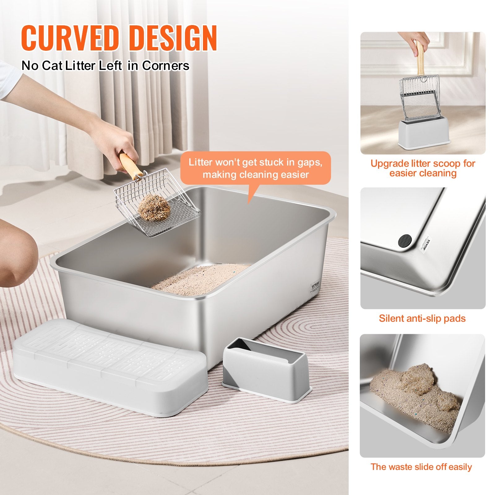 Cat Litter Box, 203 mm Deep, XL Extra Large Stainless Steel Cat Litter Box with Scoop, Wide Filtering Foot V952-KFSMSPCBXG3JORQ03V0