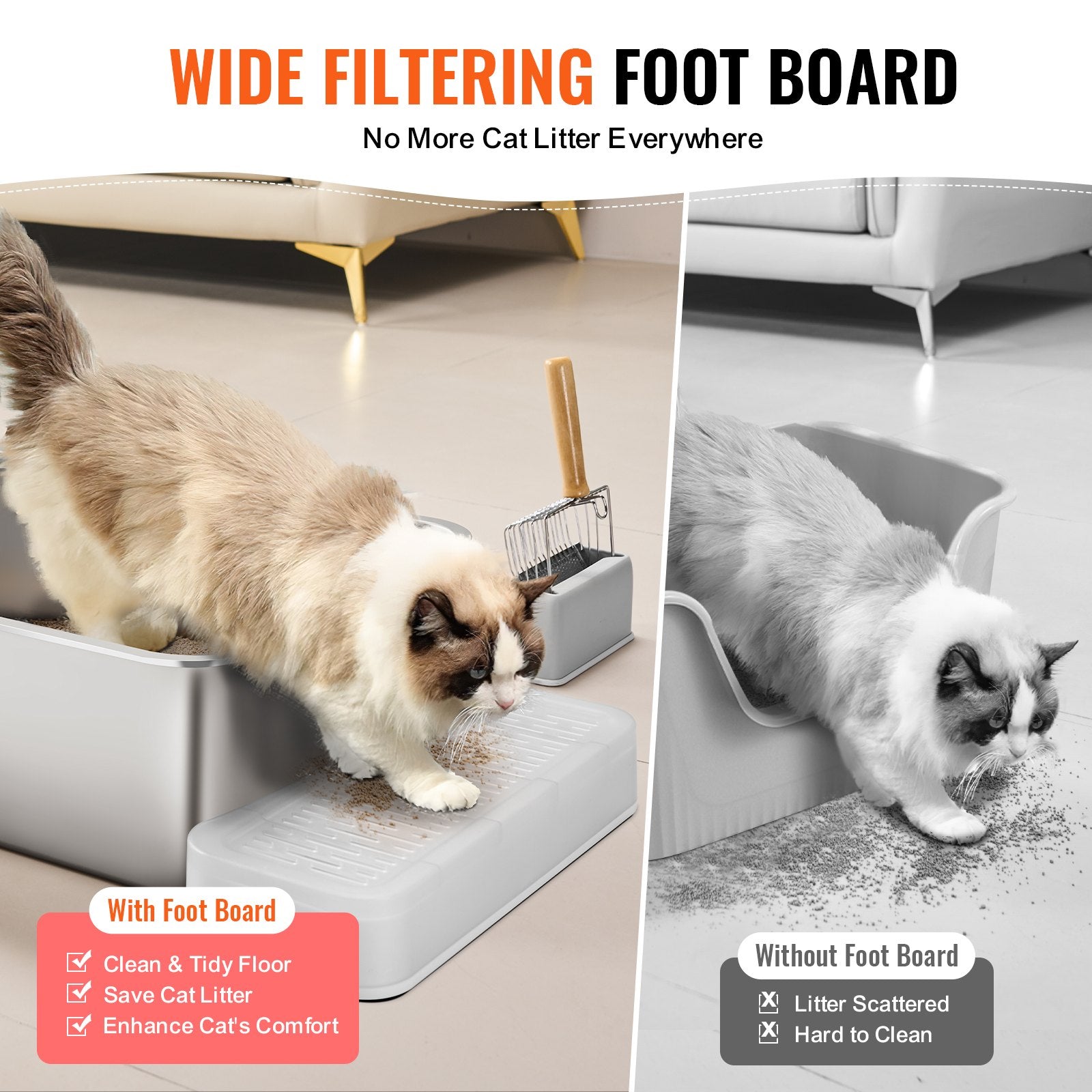 Cat Litter Box, 203 mm Deep, XL Extra Large Stainless Steel Cat Litter Box with Scoop, Wide Filtering Foot V952-KFSMSPCBXG3JORQ03V0