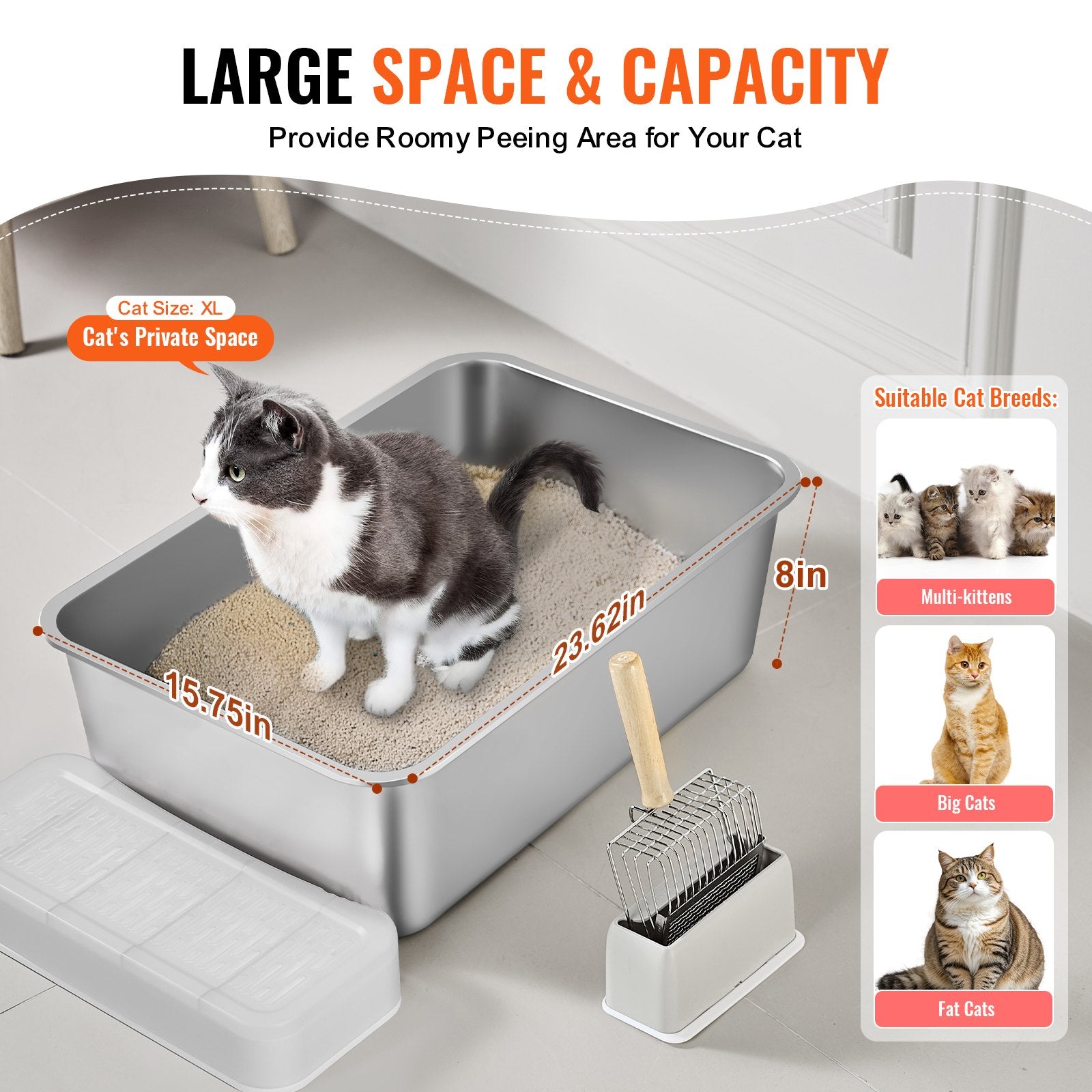 Cat Litter Box, 203 mm Deep, XL Extra Large Stainless Steel Cat Litter Box with Scoop, Wide Filtering Foot V952-KFSMSPCBXG3JORQ03V0