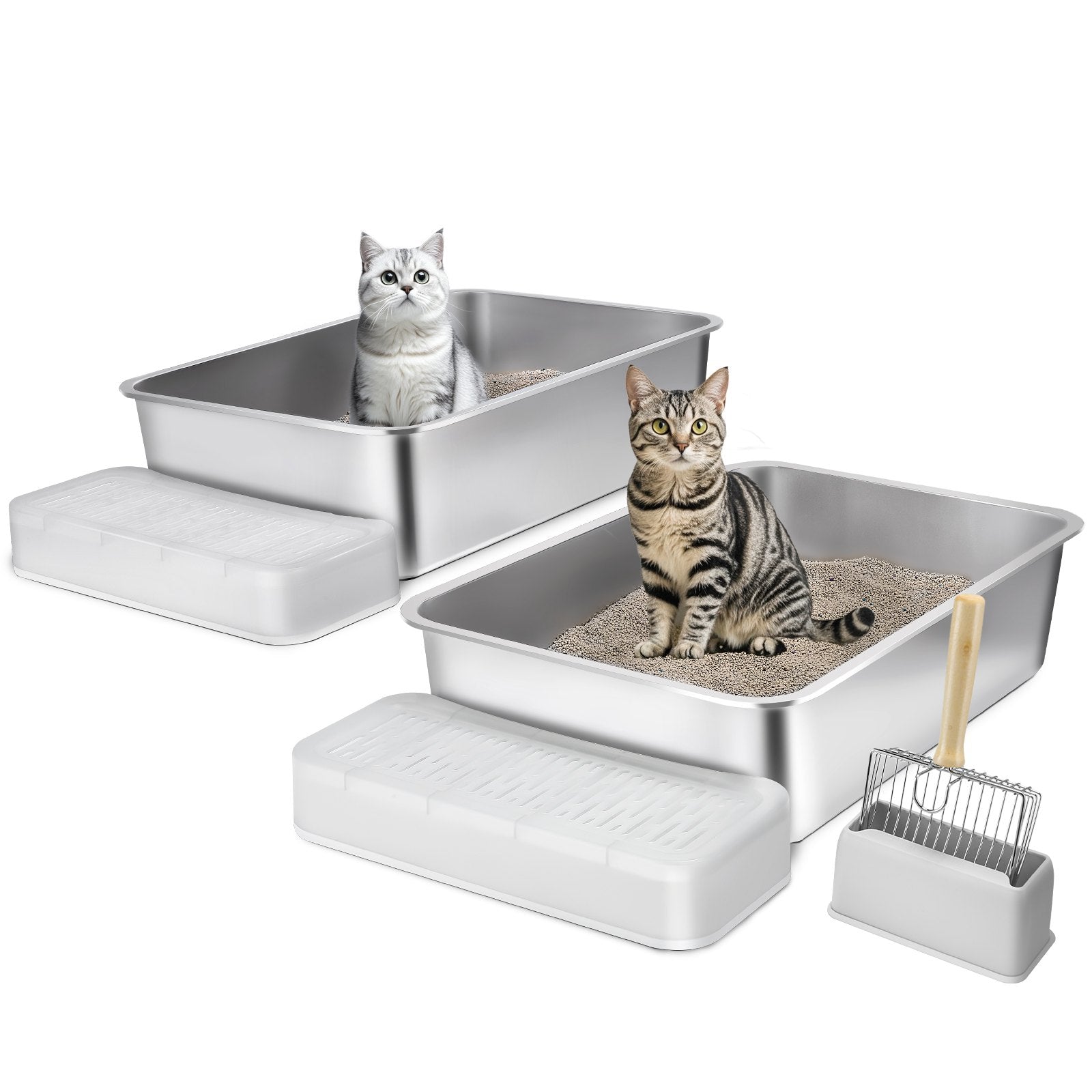 Cat Litter Box, 152 mm Deep, XL Extra Large Stainless Steel Cat Litter Box with Scoop, Wide Filtering Foot V952-KFSMSPCBXGXL7835FV0
