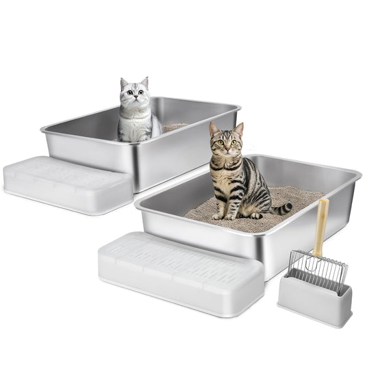 Cat Litter Box, 152 mm Deep, XL Extra Large Stainless Steel Cat Litter Box with Scoop, Wide Filtering Foot V952-KFSMSPCBXGXL7835FV0