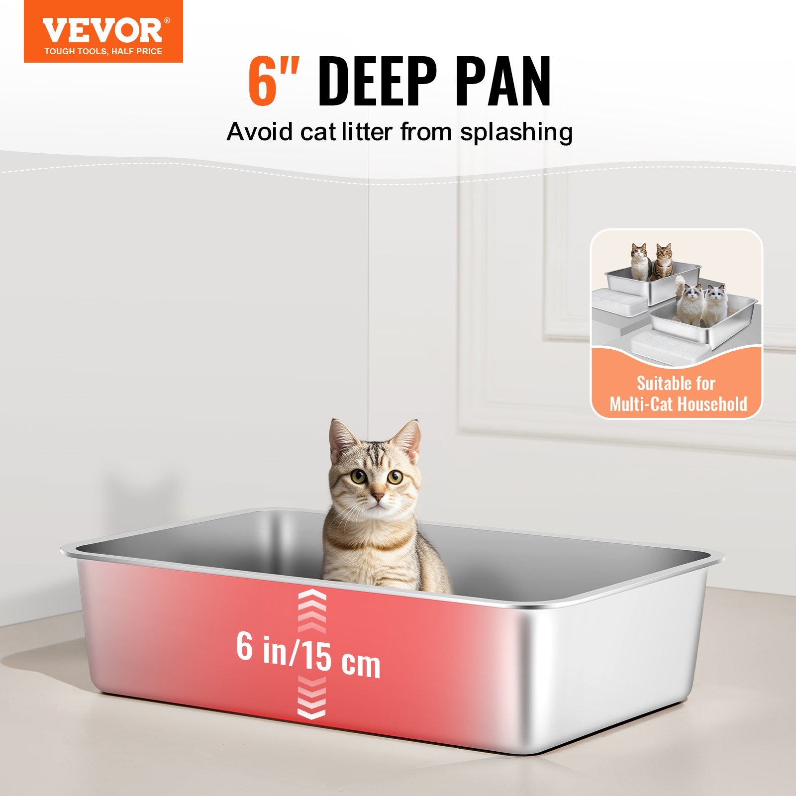 Cat Litter Box, 152 mm Deep, XL Extra Large Stainless Steel Cat Litter Box with Scoop, Wide Filtering Foot V952-KFSMSPCBXGXL7835FV0