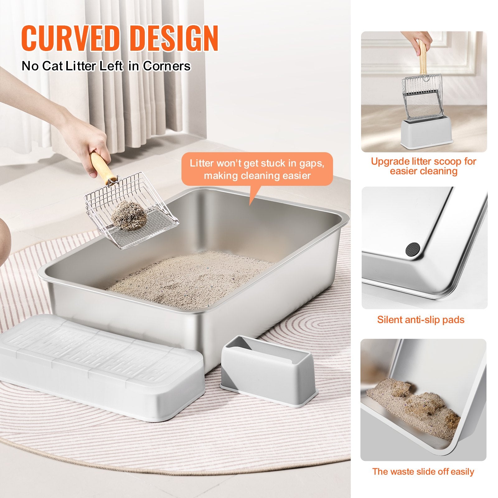 Cat Litter Box, 152 mm Deep, XL Extra Large Stainless Steel Cat Litter Box with Scoop, Wide Filtering Foot V952-KFSMSPCBXGXL7835FV0