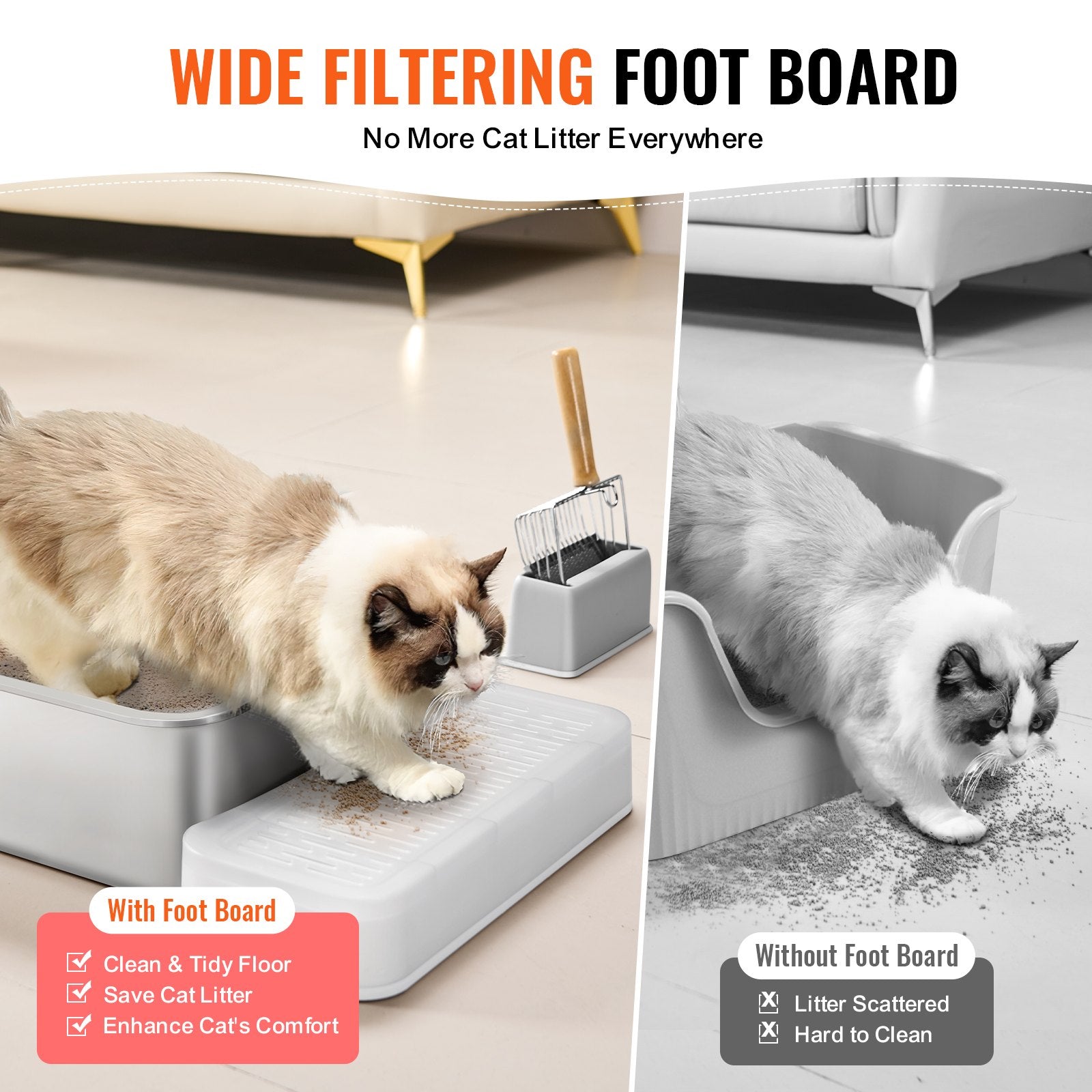 Cat Litter Box, 152 mm Deep, XL Extra Large Stainless Steel Cat Litter Box with Scoop, Wide Filtering Foot V952-KFSMSPCBXGXL7835FV0