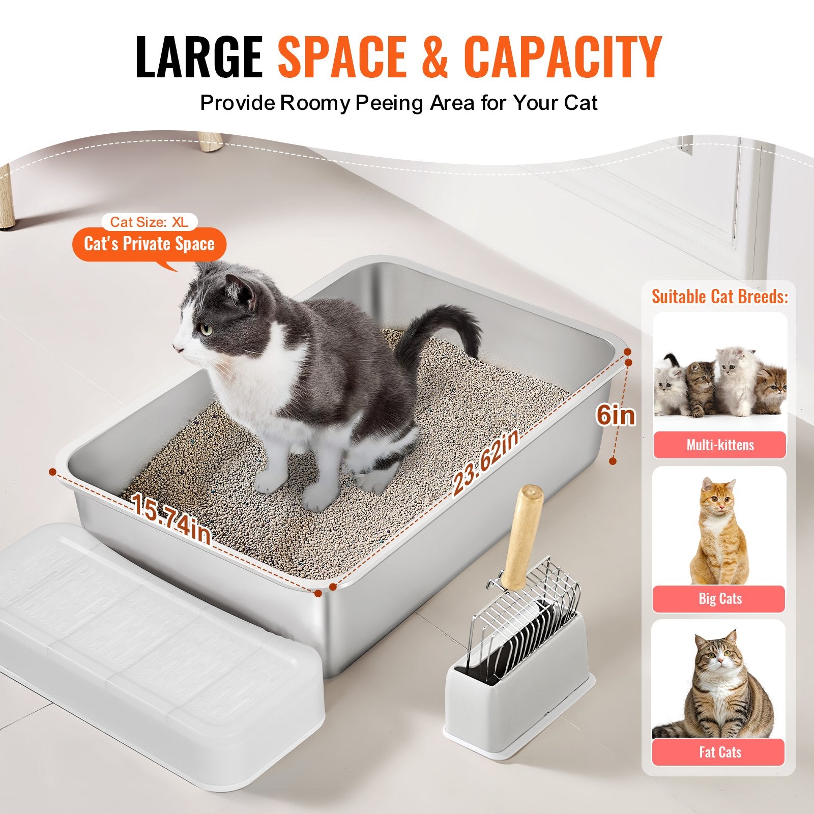 Cat Litter Box, 152 mm Deep, XL Extra Large Stainless Steel Cat Litter Box with Scoop, Wide Filtering Foot V952-KFSMSPCBXGXL7835FV0
