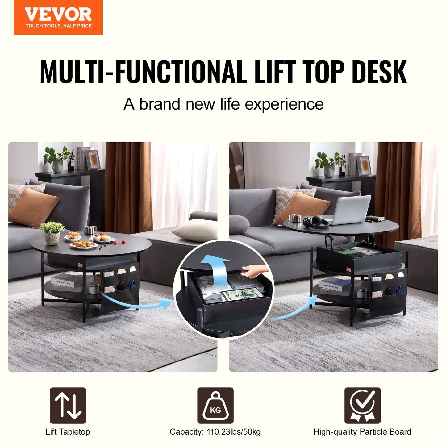 Lift Top Coffee Table 35.3" Round Coffee Table for Living Room Black V952-KFZ35YXWYBKFA7BWYV9