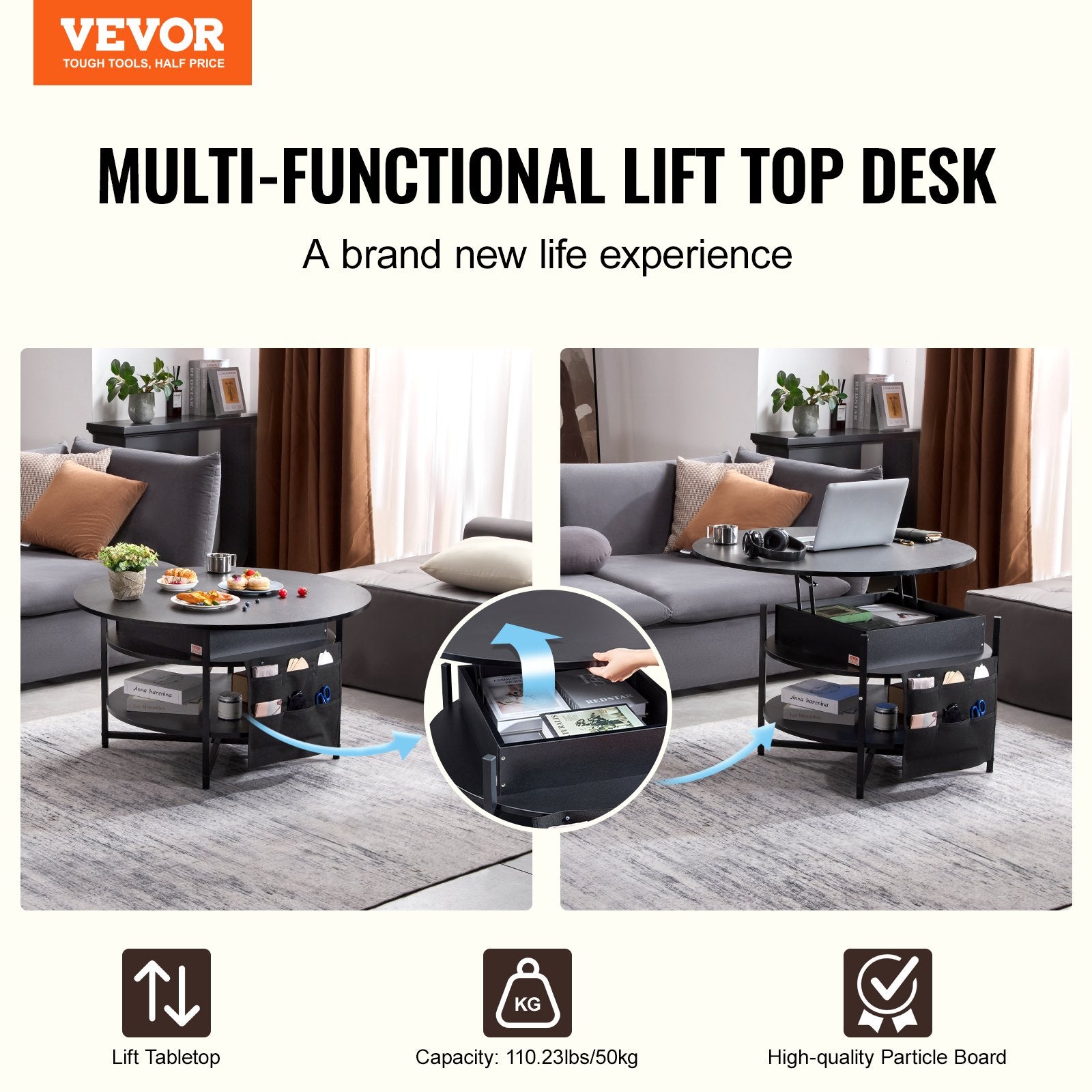 Lift Top Coffee Table 35.3" Round Coffee Table for Living Room Black V952-KFZ35YXWYBKFA7BWYV9
