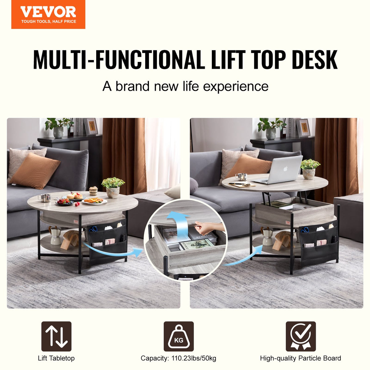 Lift Top Coffee Table 35.3" Round Coffee Table for Living Room White V952-KFZ35YXWYBKFRLKOYV9
