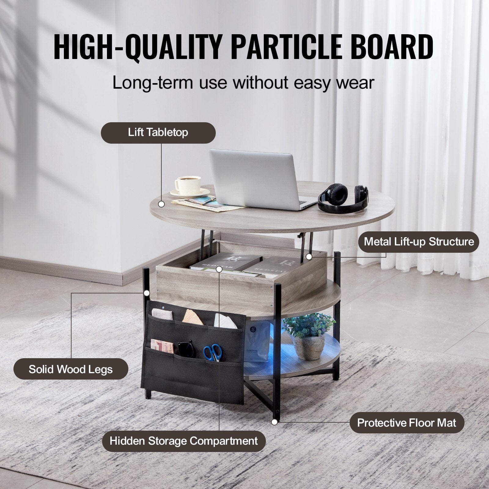 Lift Top Coffee Table 35.3" Round Coffee Table for Living Room White V952-KFZ35YXWYBKFRLKOYV9