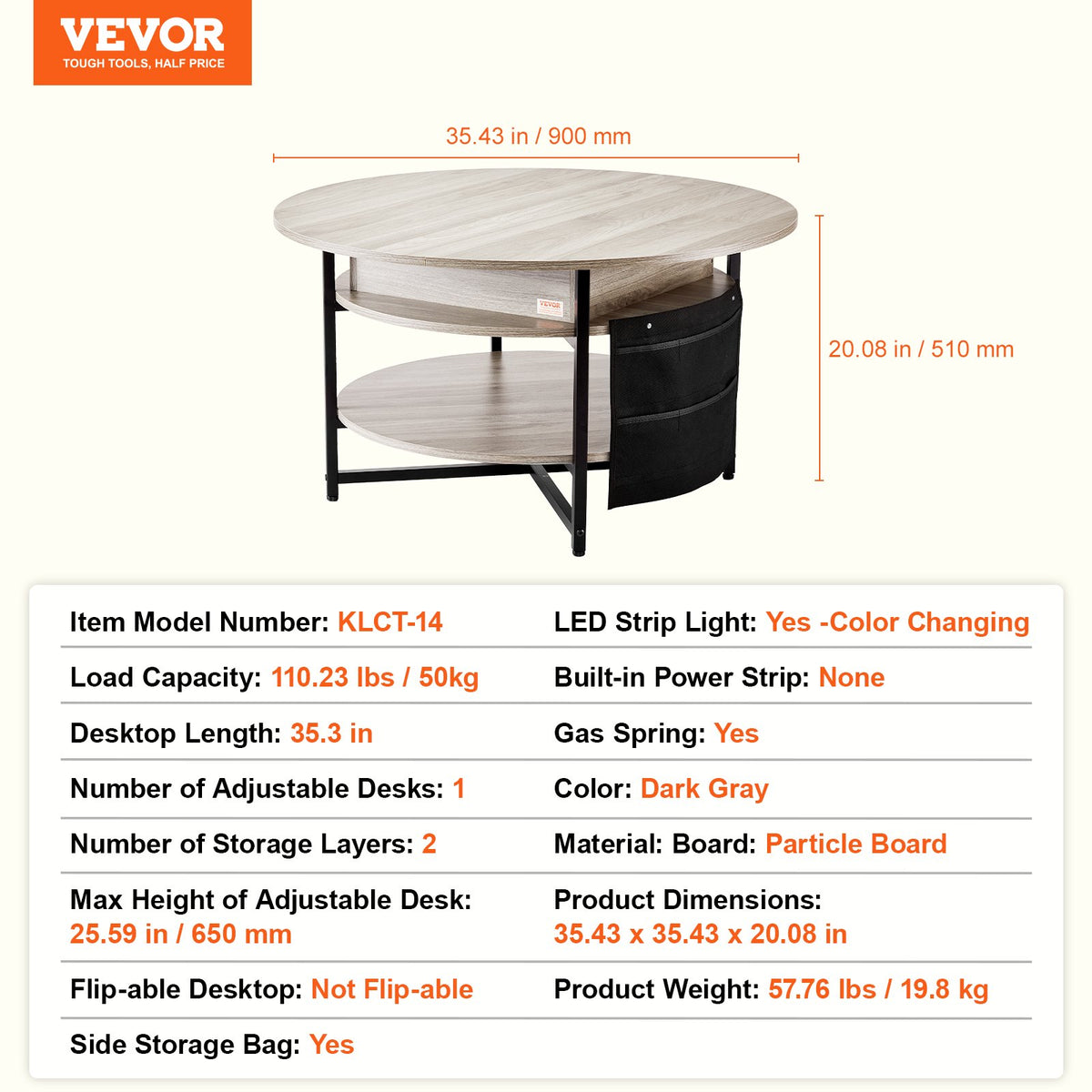 Lift Top Coffee Table 35.3" Round Coffee Table for Living Room White V952-KFZ35YXWYBKFRLKOYV9